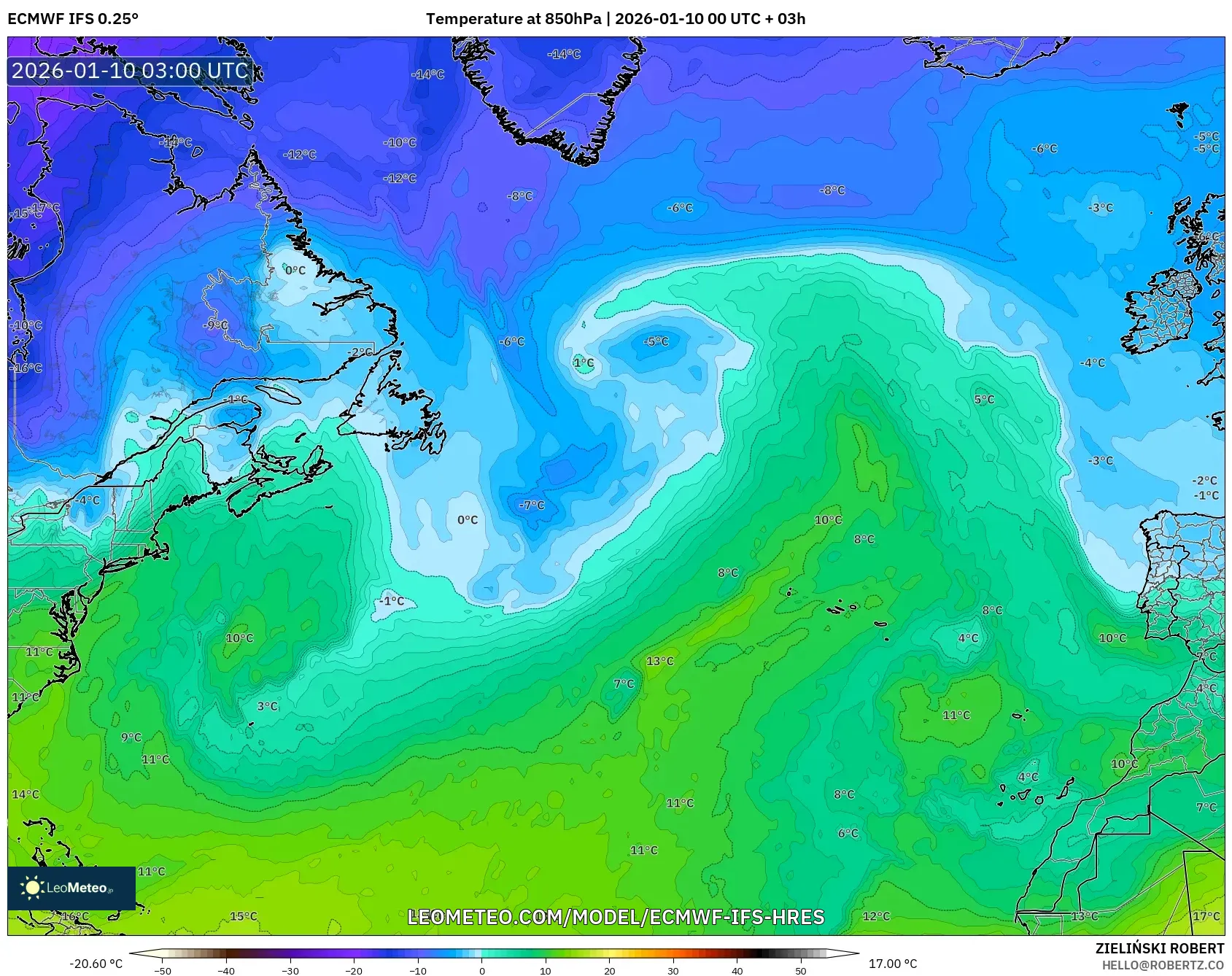 ECMWF IFS 0.25° model - North Atlantic, Temperature at 850hPa
