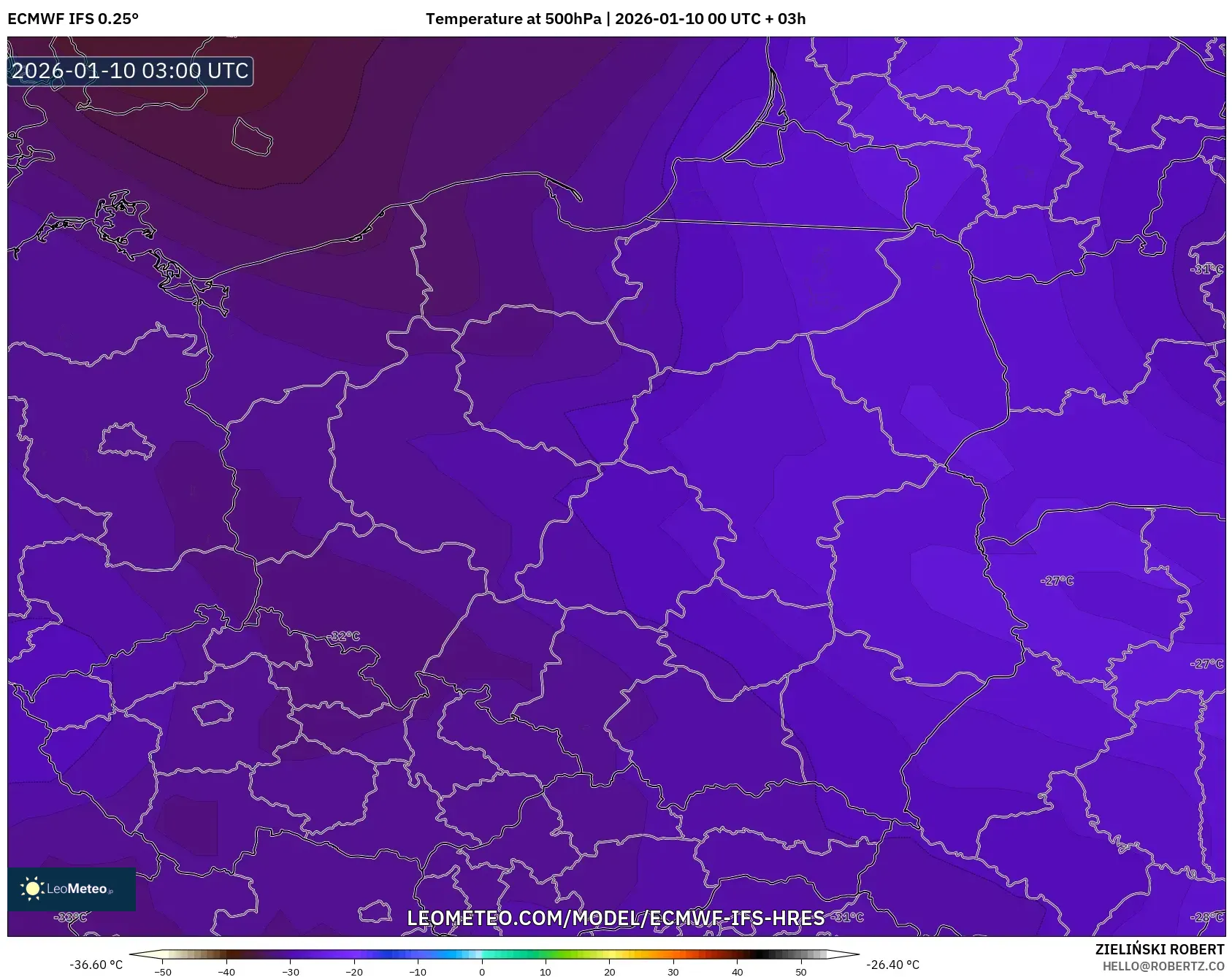 ECMWF IFS 0.25° model - Poland, Temperature at 500hPa
