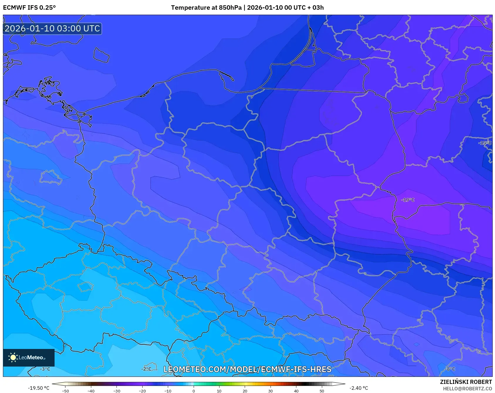 ECMWF IFS 0.25° model - Poland, Temperature at 850hPa