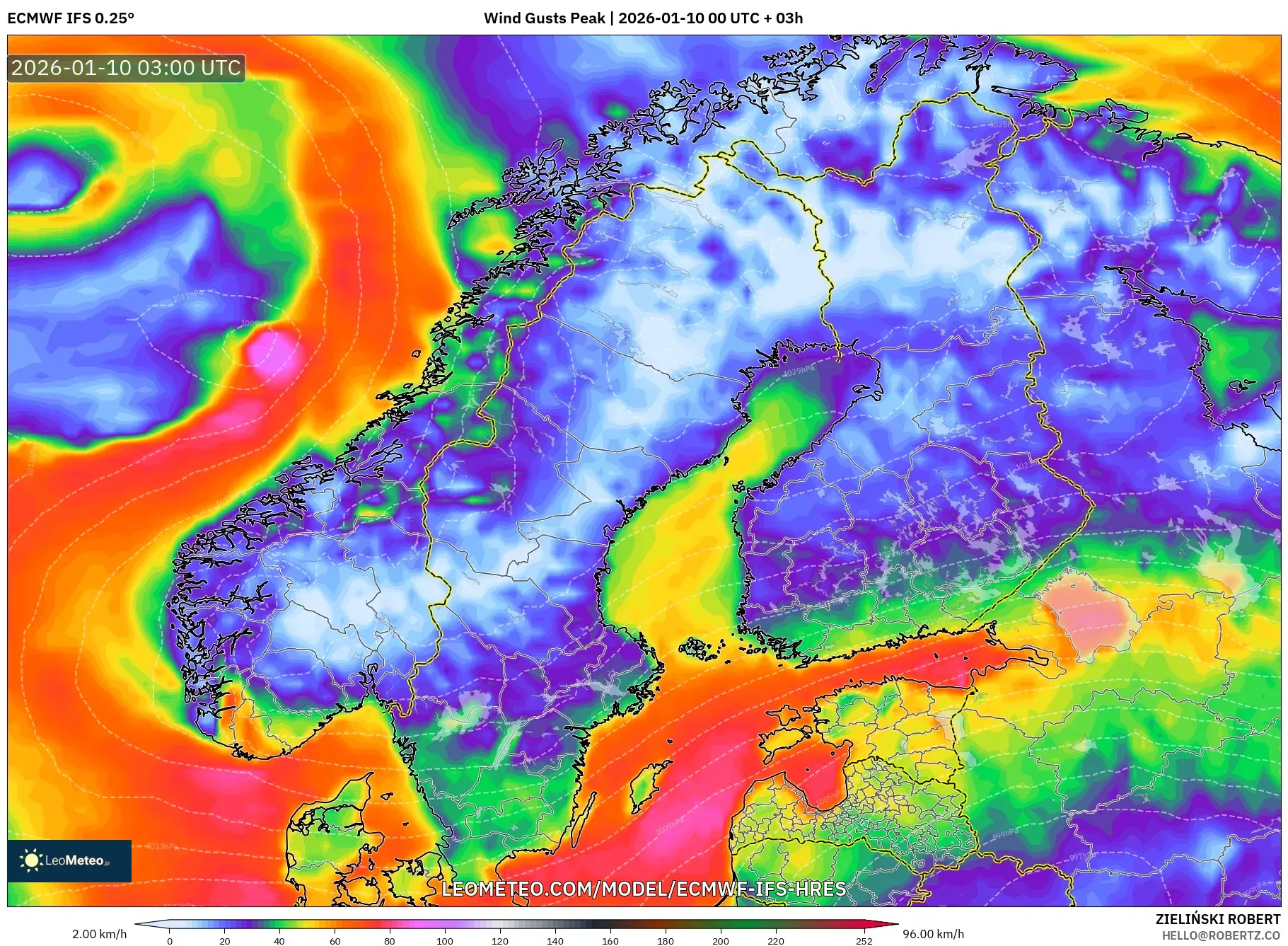 ECMWF IFS 0.25° model - Scandinavia, Wind Gusts Peak