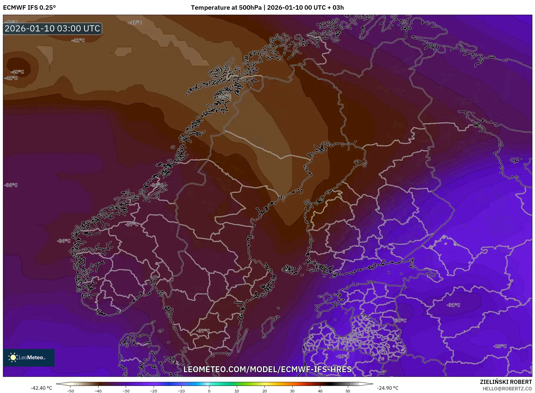 ECMWF IFS 0.25° model - Scandinavia, Temperature at 500hPa