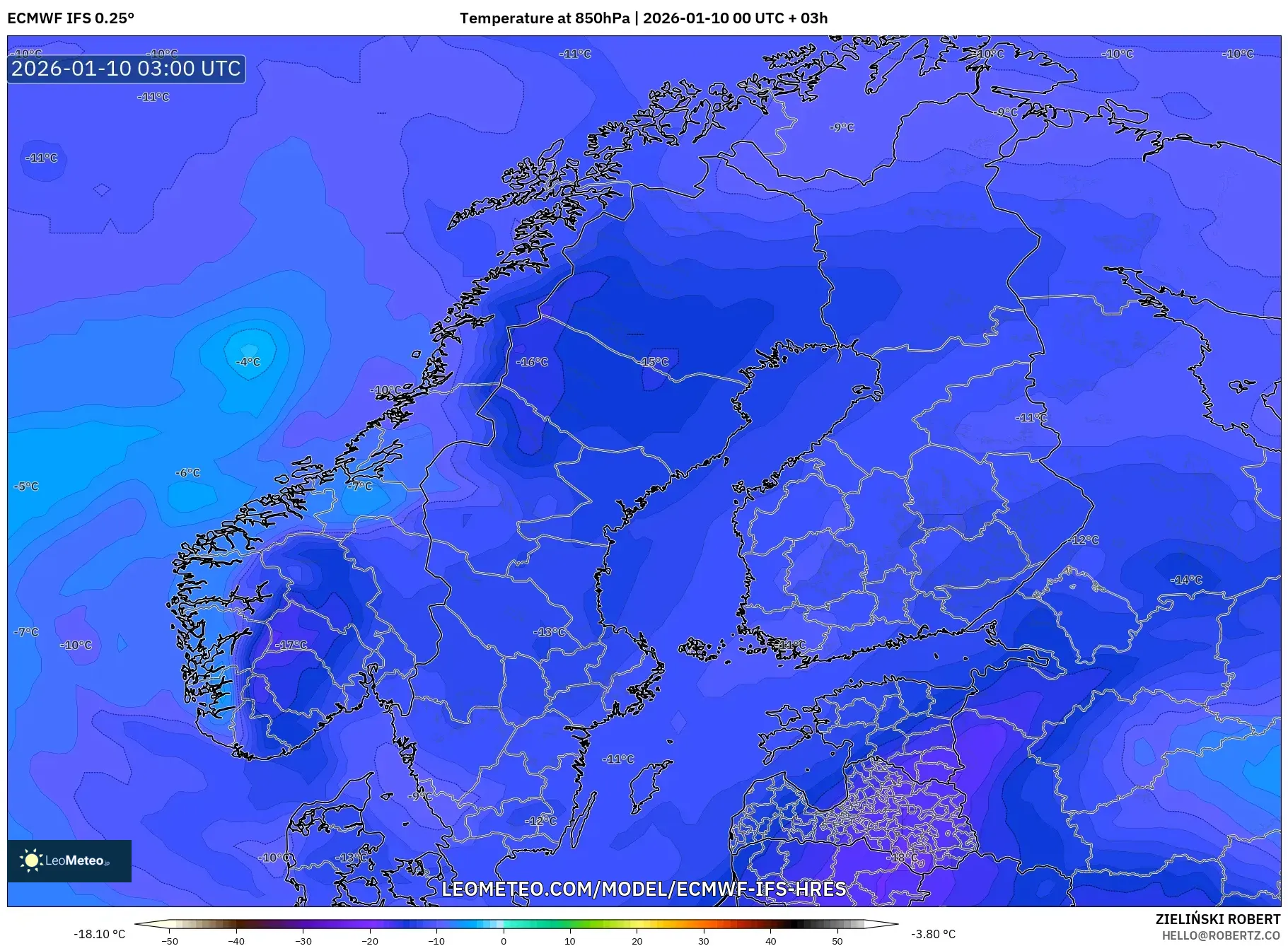 ECMWF IFS 0.25° model - Scandinavia, Temperature at 850hPa