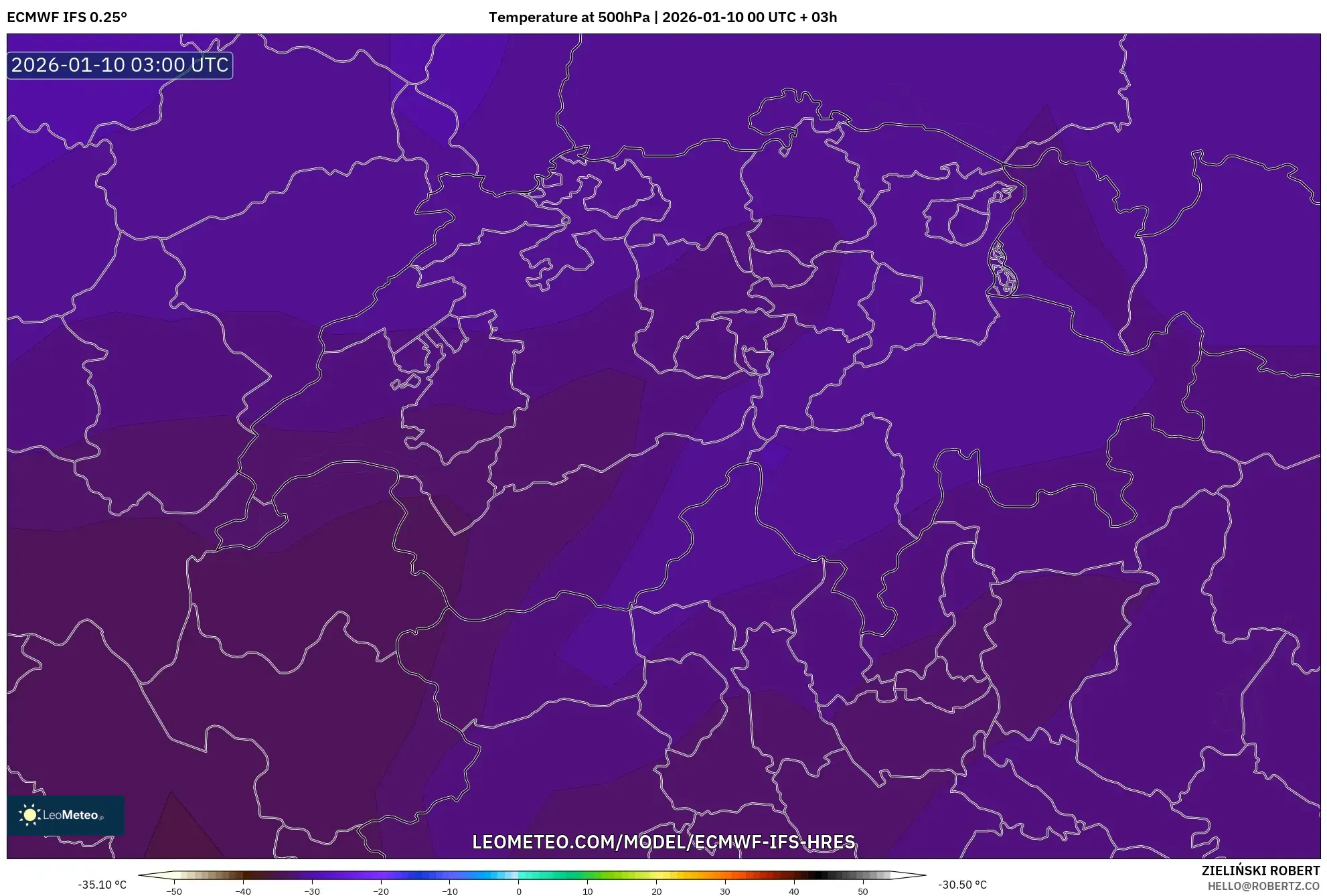 ECMWF IFS 0.25° model - Switzerland, Temperature at 500hPa
