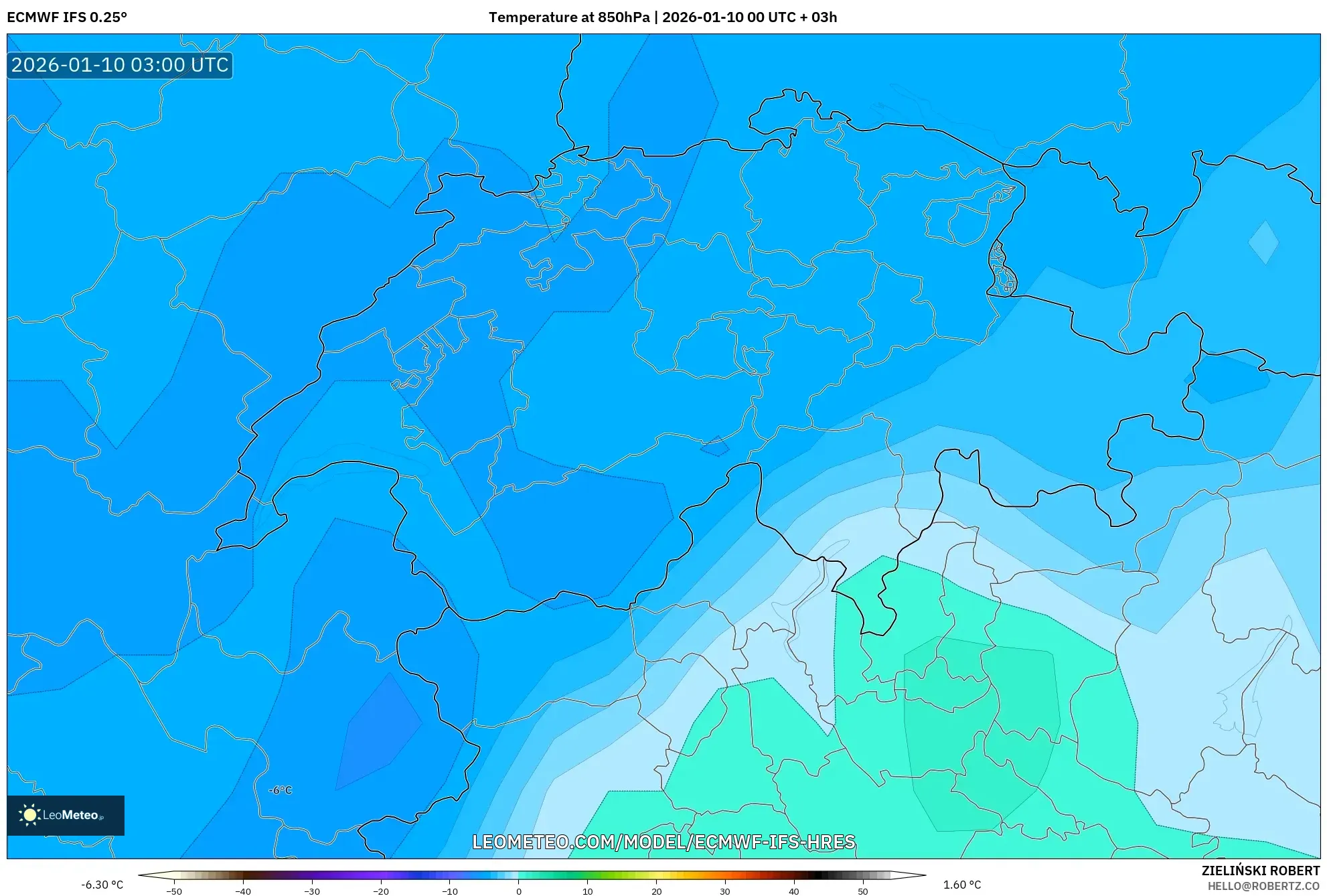 ECMWF IFS 0.25° model - Switzerland, Temperature at 850hPa