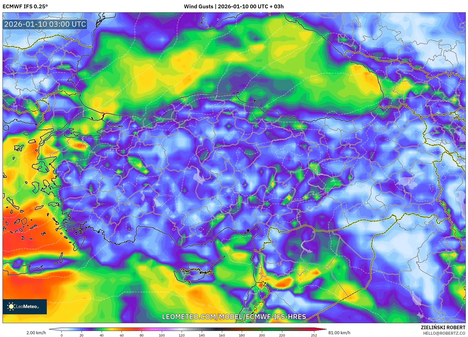 ECMWF IFS 0.25° model - Turkey, Wind Gusts