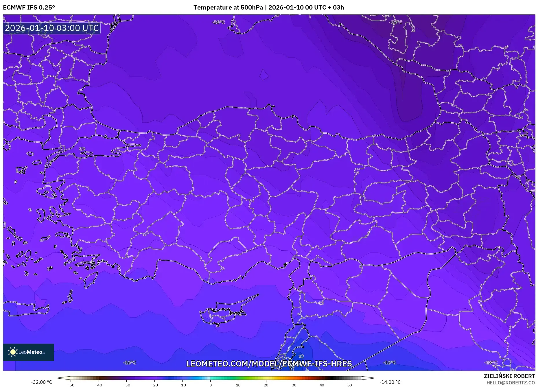 ECMWF IFS 0.25° model - Turkey, Temperature at 500hPa