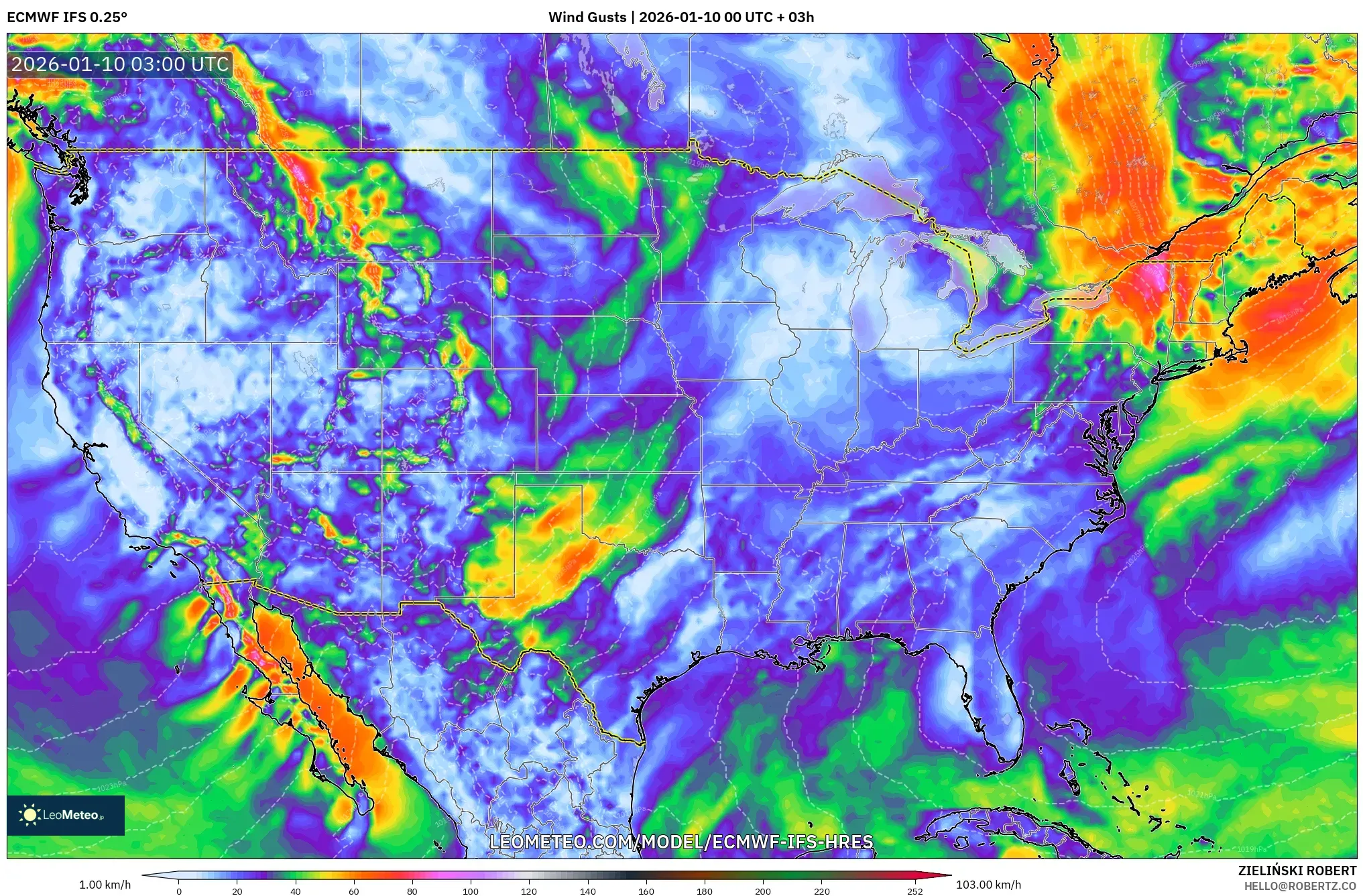 ECMWF IFS 0.25° model - United States, Wind Gusts