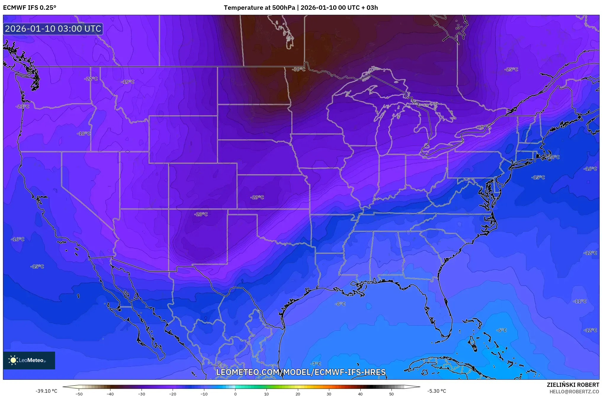 ECMWF IFS 0.25° model - United States, Temperature at 500hPa