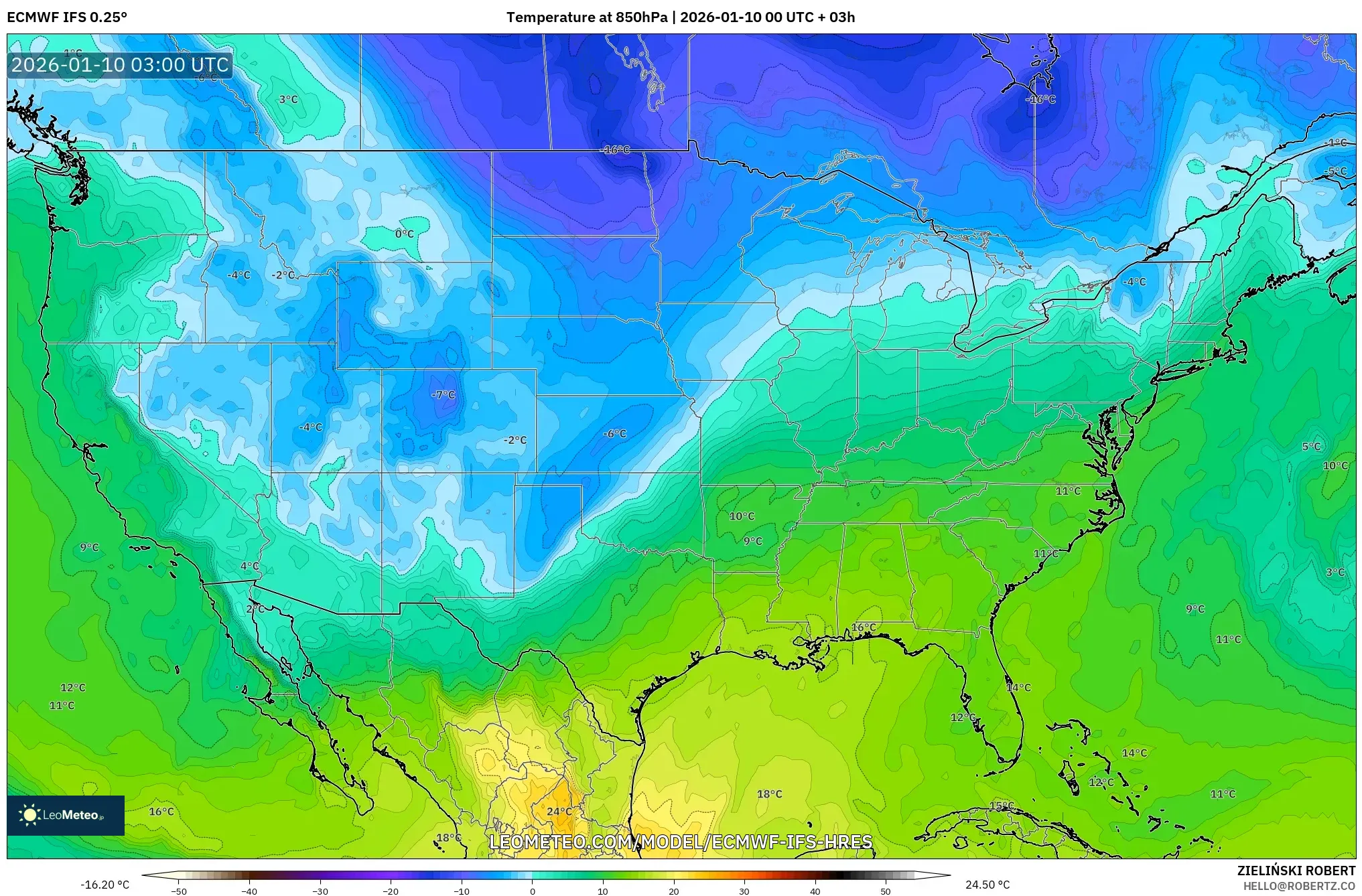 ECMWF IFS 0.25° model - United States, Temperature at 850hPa