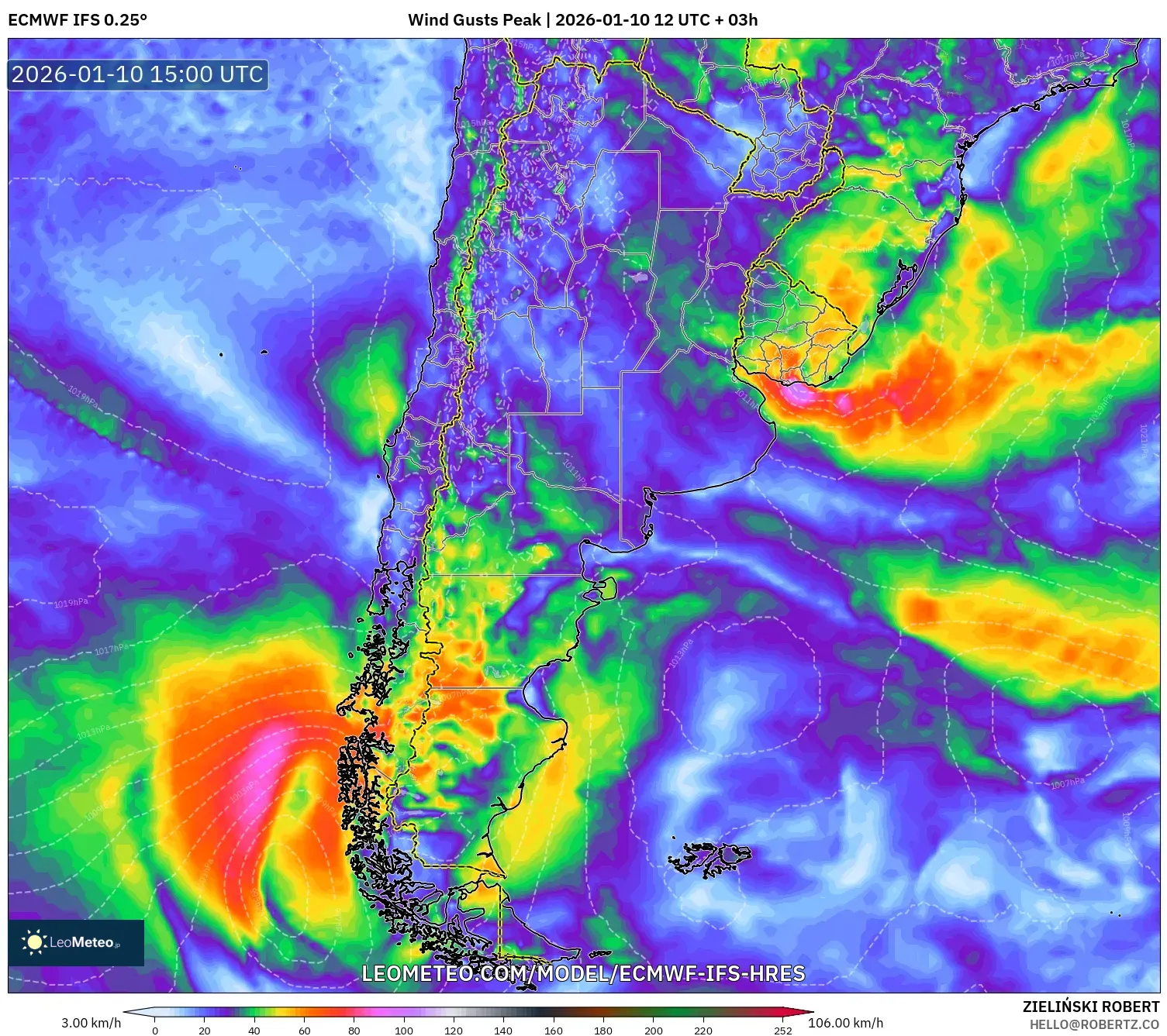 ECMWF IFS 0.25° model - Argentina, Wind Gusts Peak
