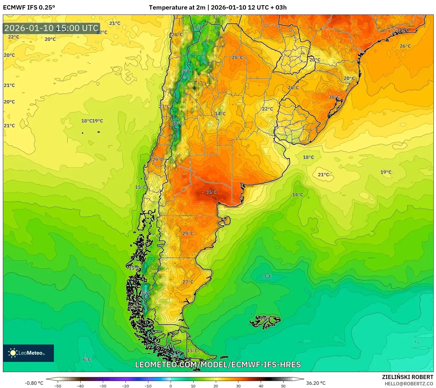 ECMWF IFS 0.25° model - Argentina, Temperature at 2m