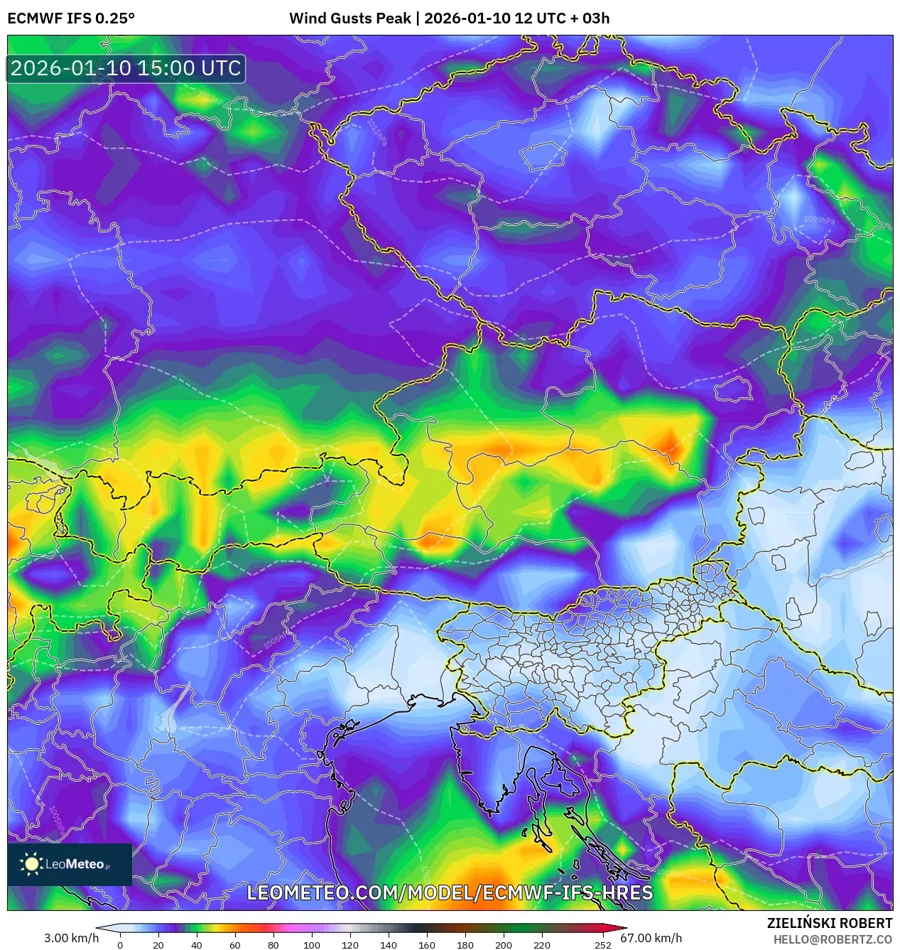 ECMWF IFS 0.25° model - Austria, Wind Gusts Peak