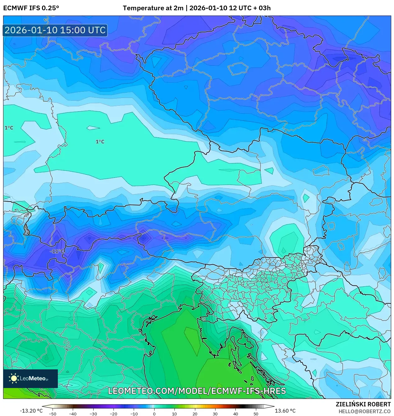ECMWF IFS 0.25° model - Austria, Temperature at 2m