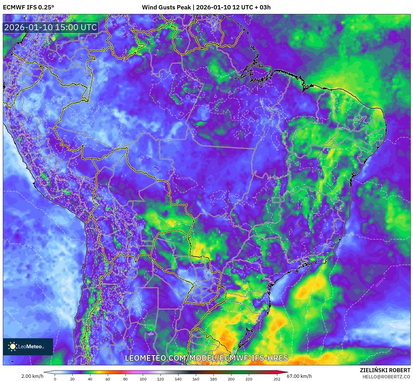 ECMWF IFS 0.25° model - Brazil, Wind Gusts Peak