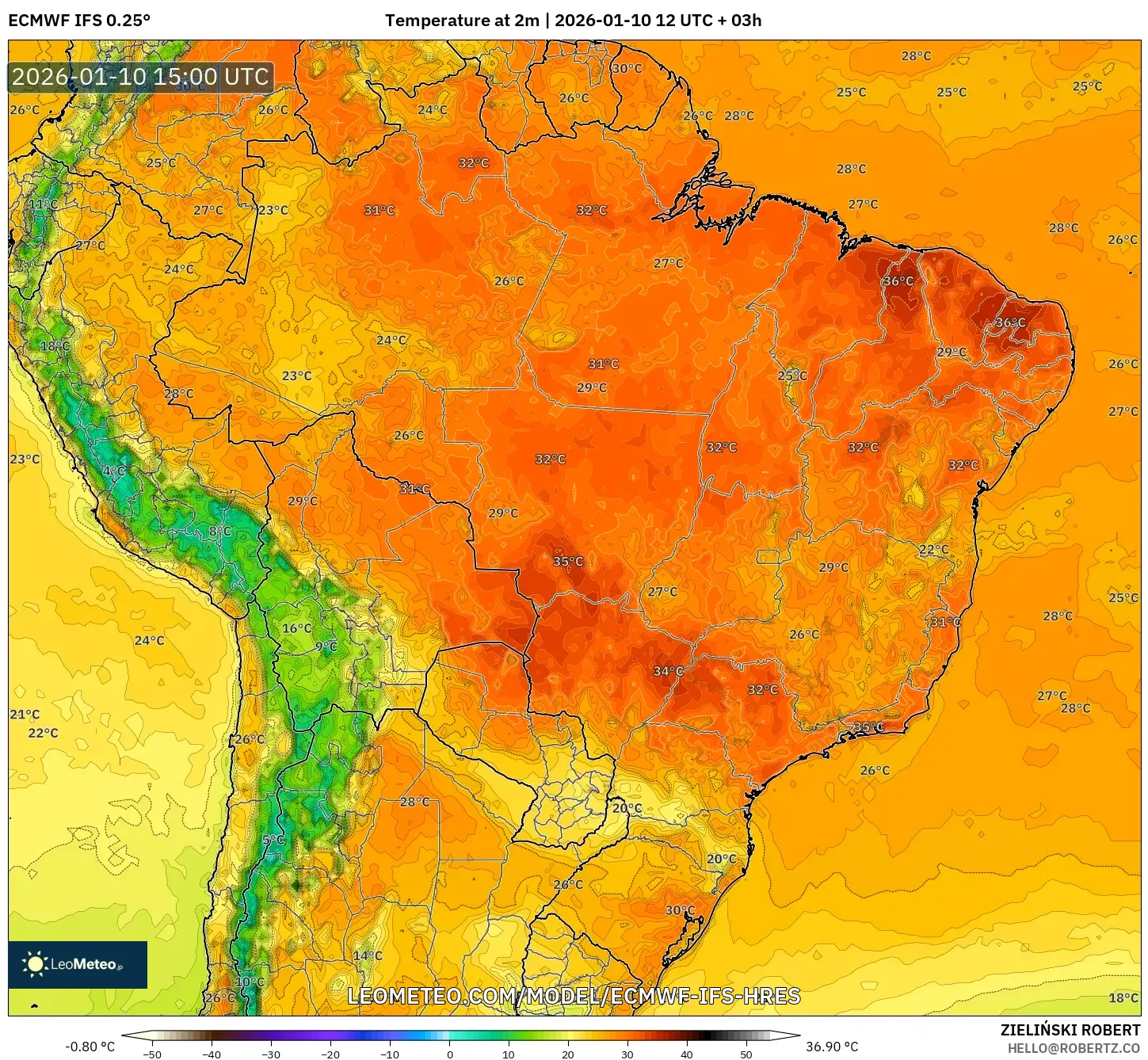 ECMWF IFS 0.25° model - Brazil, Temperature at 2m