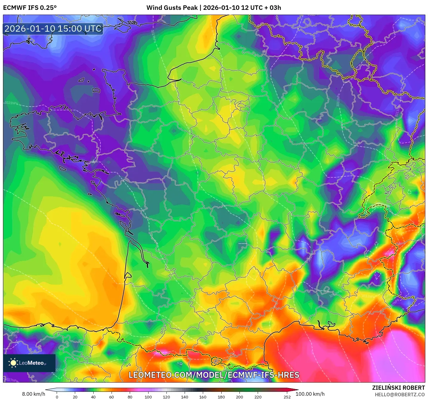 ECMWF IFS 0.25° model - France, Wind Gusts Peak