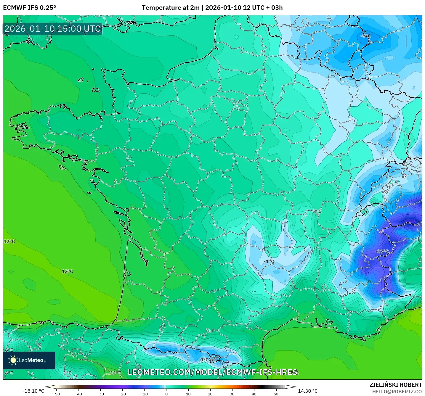 ECMWF IFS 0.25° model - France, Temperature at 2m