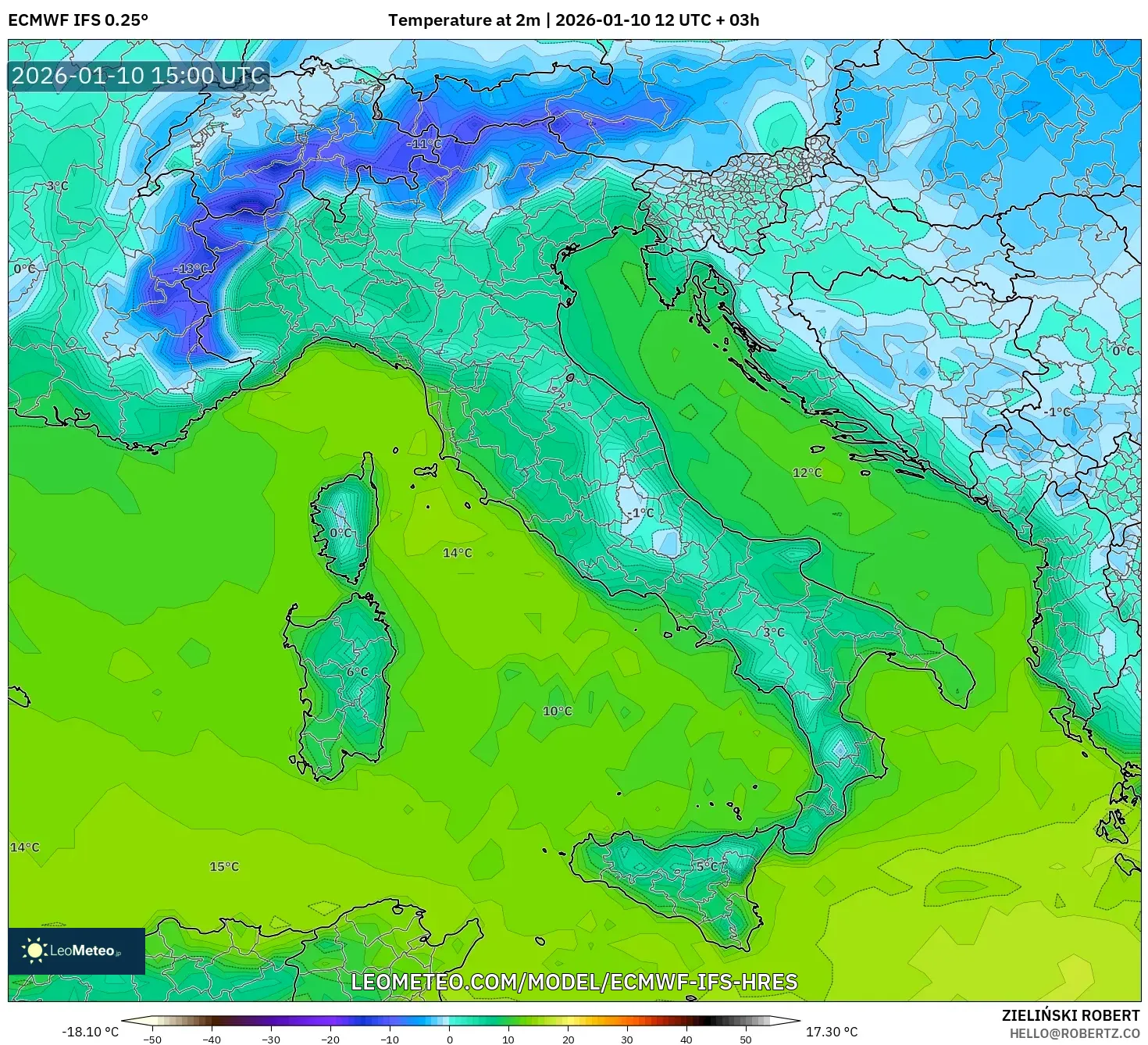 ECMWF IFS 0.25° model - Italy, Temperature at 2m