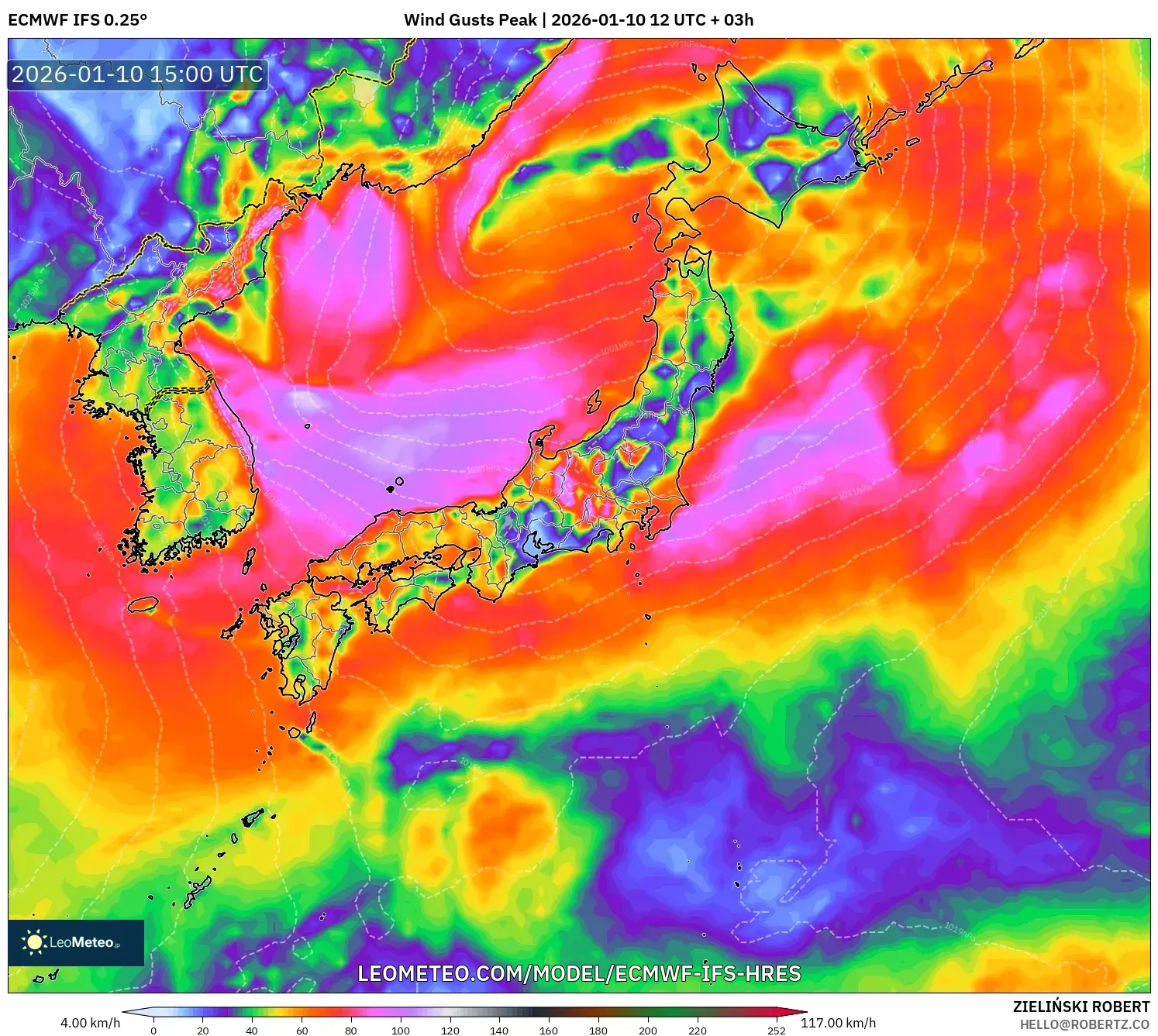 ECMWF IFS 0.25° model - Japan, Wind Gusts Peak