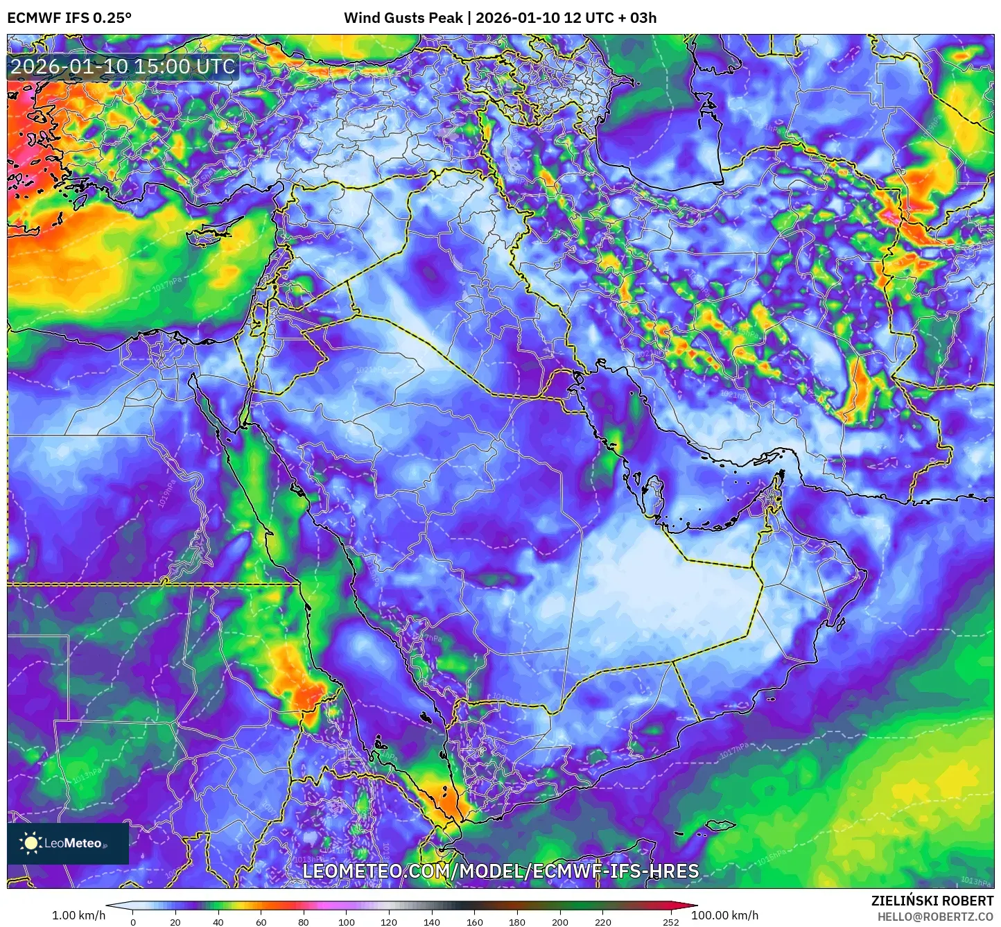 ECMWF IFS 0.25° model - Middle East, Wind Gusts Peak