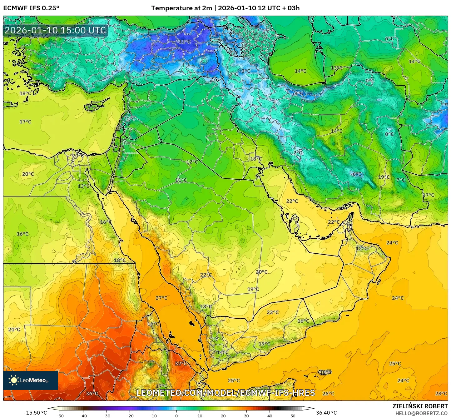 ECMWF IFS 0.25° model - Middle East, Temperature at 2m