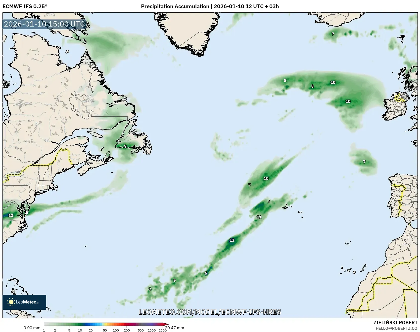 ECMWF IFS 0.25° model - North Atlantic, Precipitation Accumulation