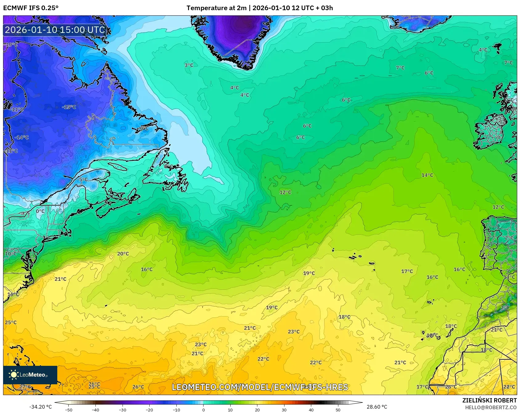 ECMWF IFS 0.25° model - North Atlantic, Temperature at 2m