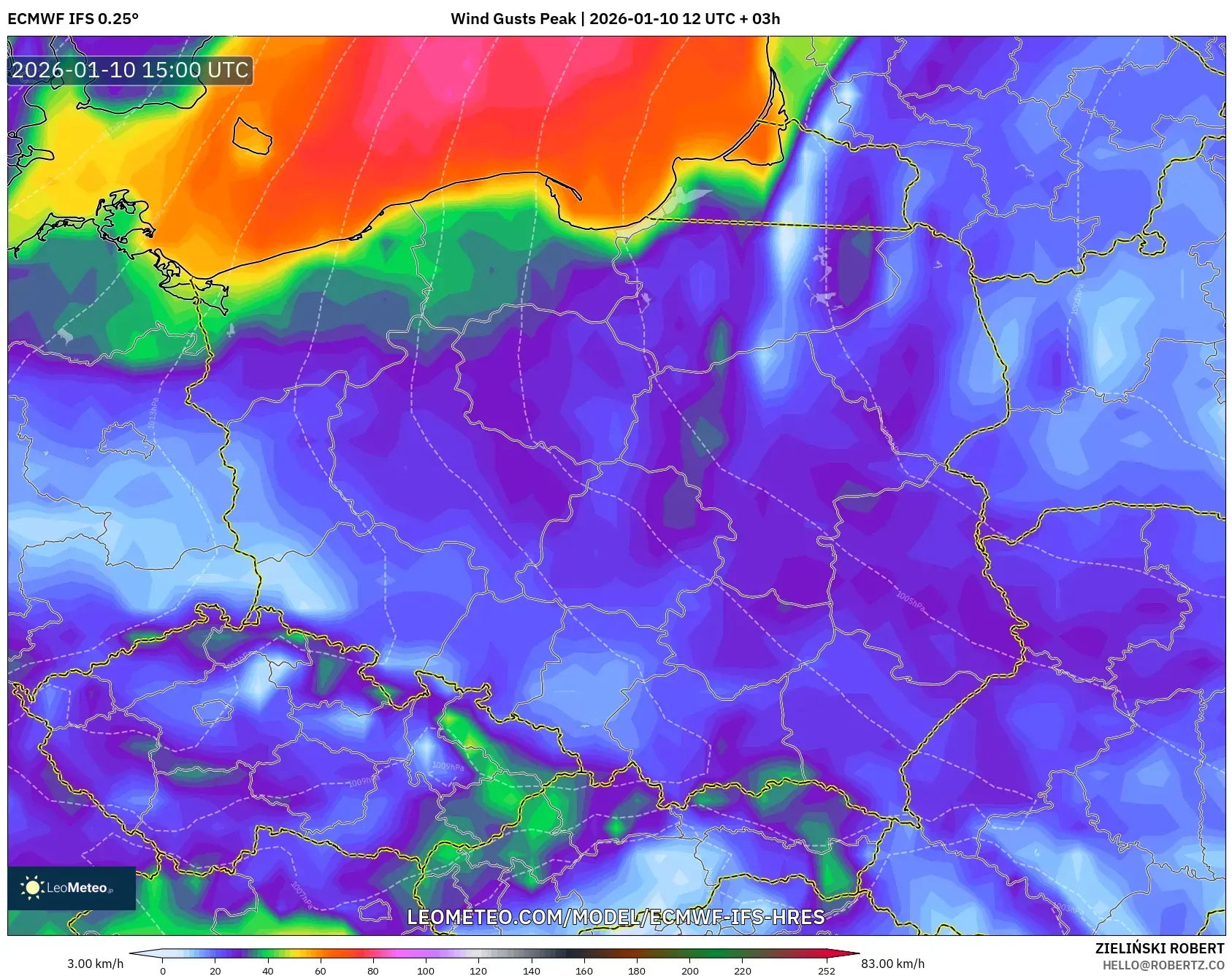 ECMWF IFS 0.25° model - Poland, Wind Gusts Peak