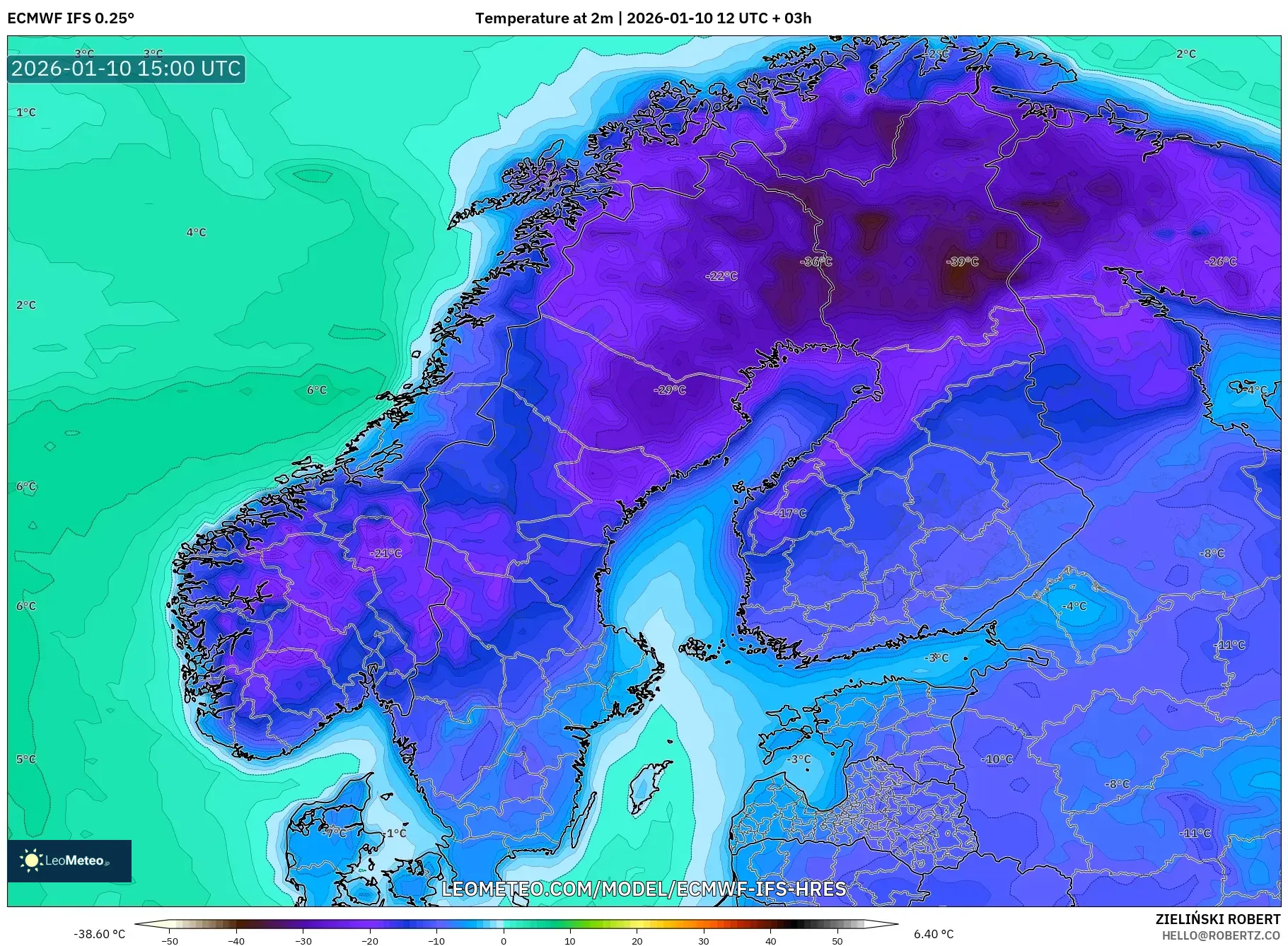 ECMWF IFS 0.25° model - Scandinavia, Temperature at 2m