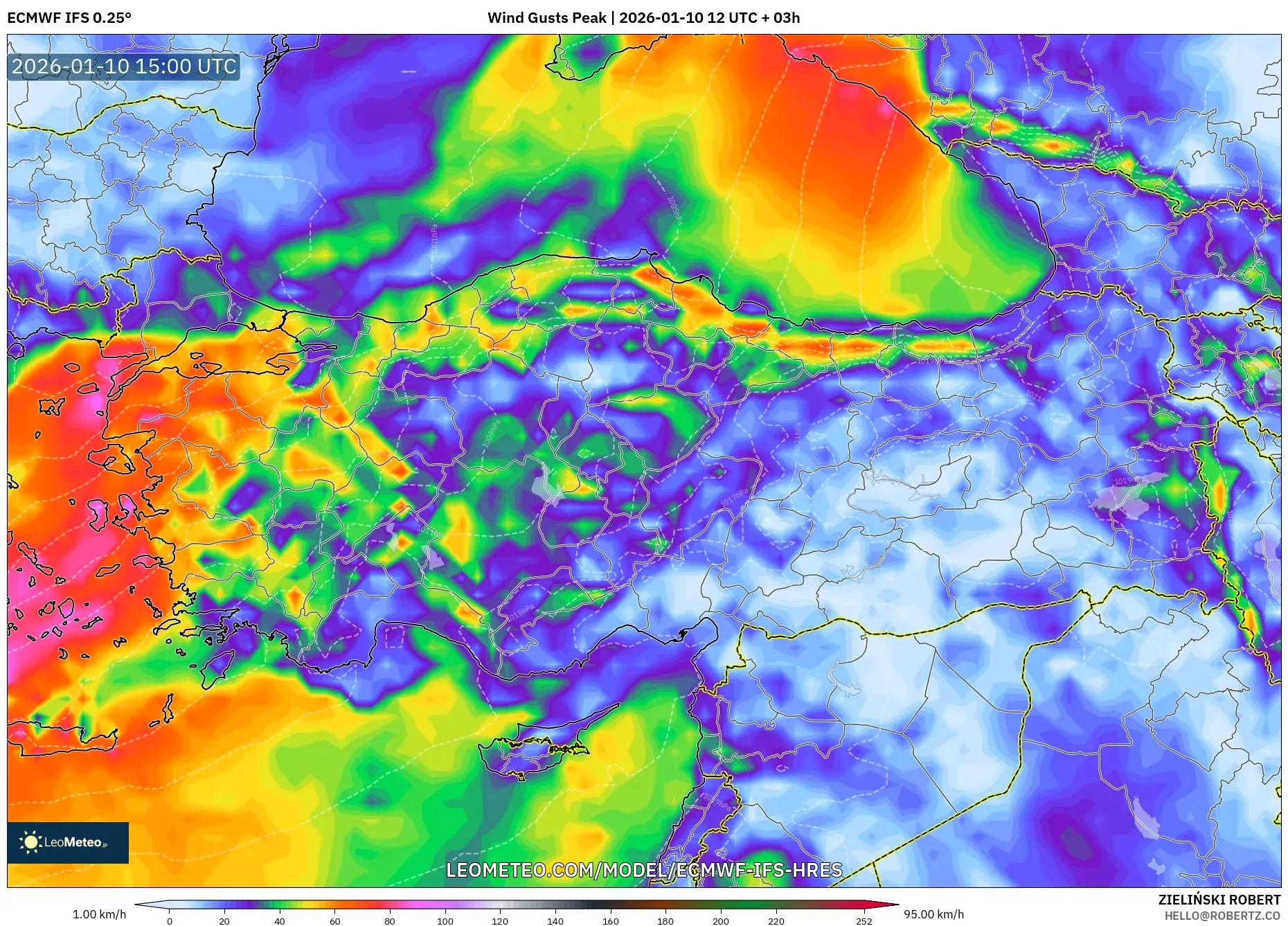 ECMWF IFS 0.25° model - Turkey, Wind Gusts Peak