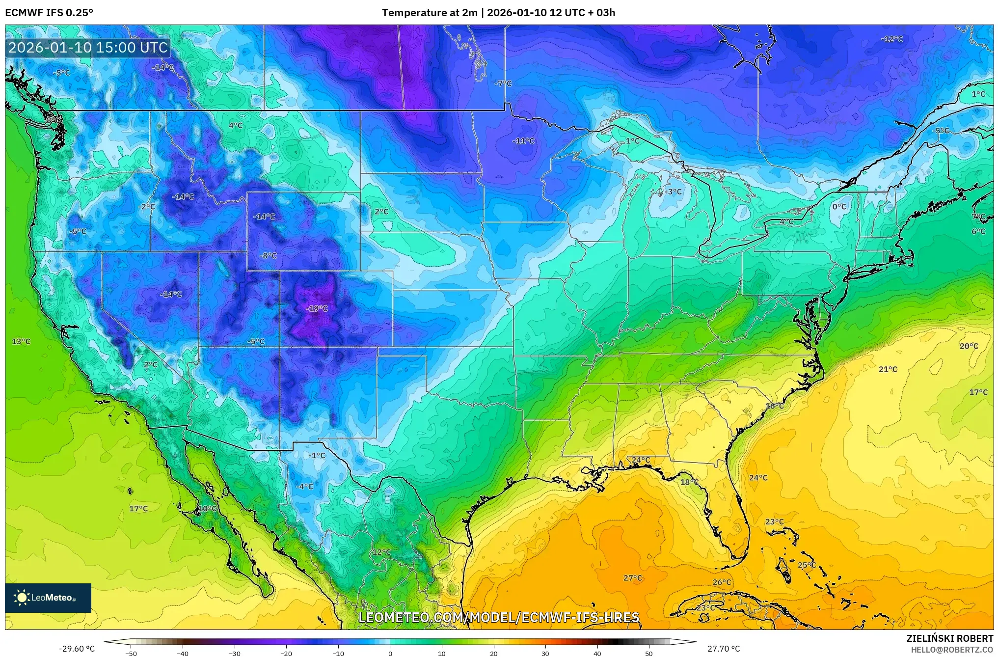ECMWF IFS 0.25° model - United States, Temperature at 2m