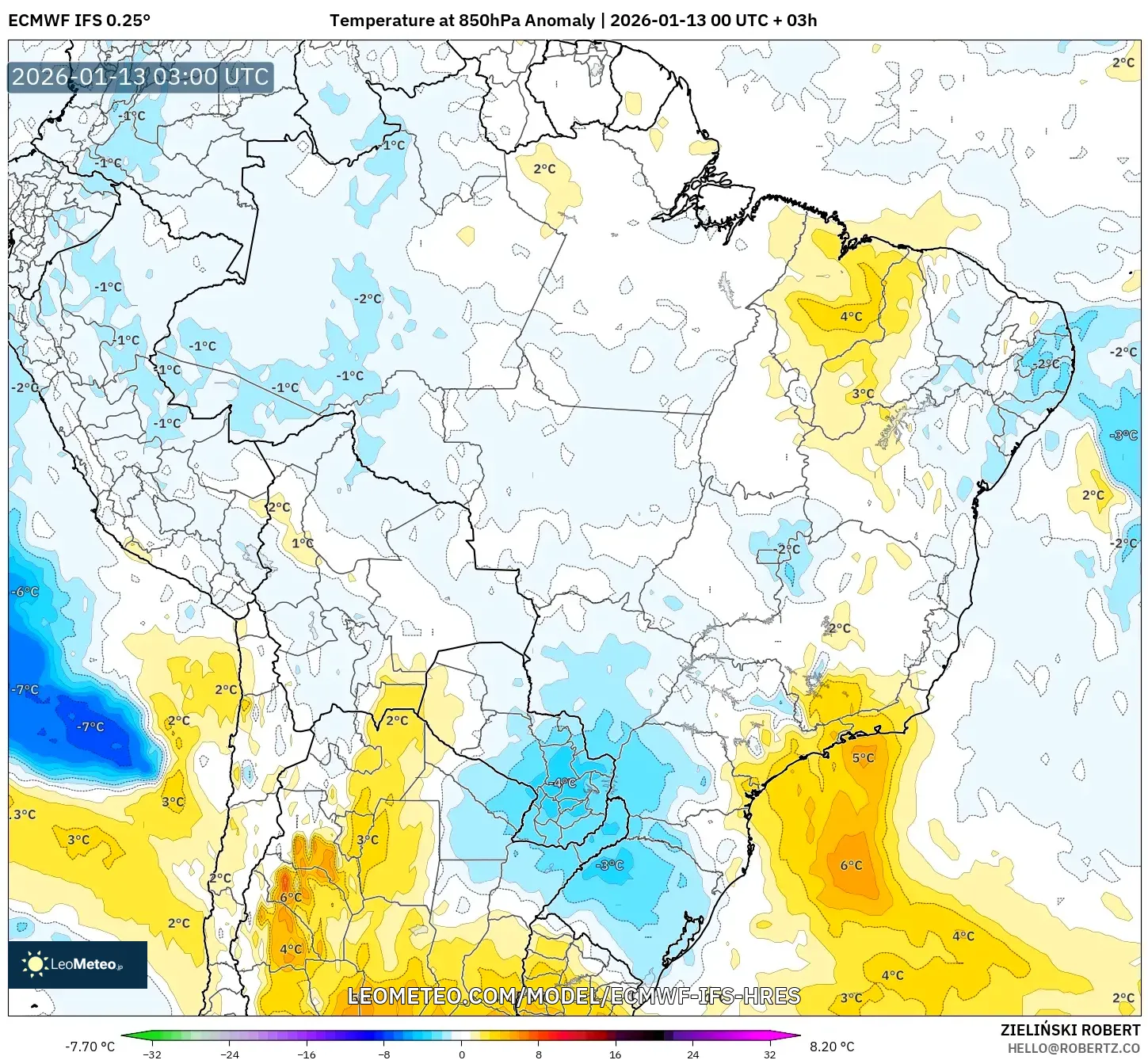 ECMWF IFS 0.25° model - Brazil, Temperature at 850hPa Anomaly