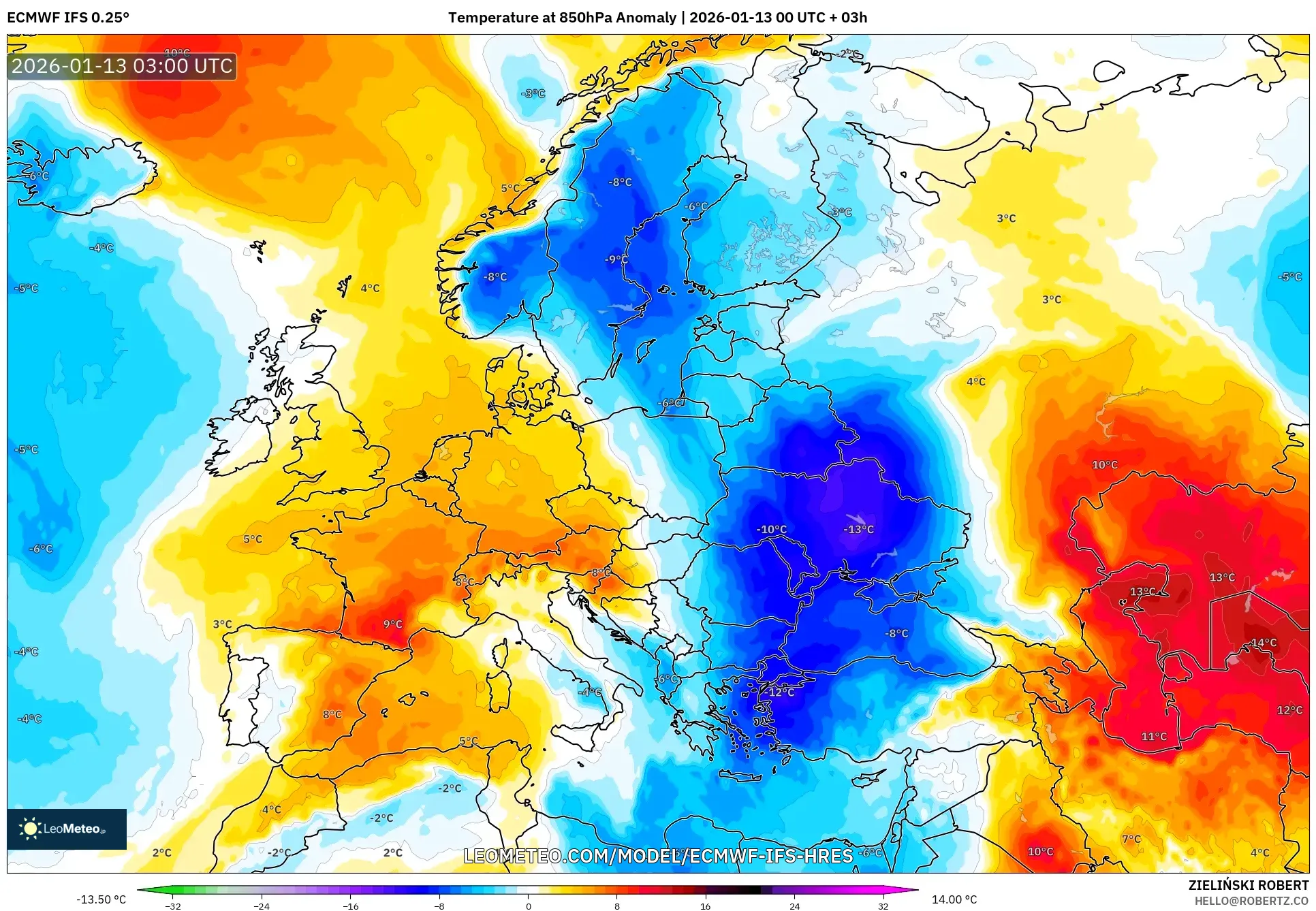 ECMWF IFS 0.25° model - Europe, Temperature at 850hPa Anomaly