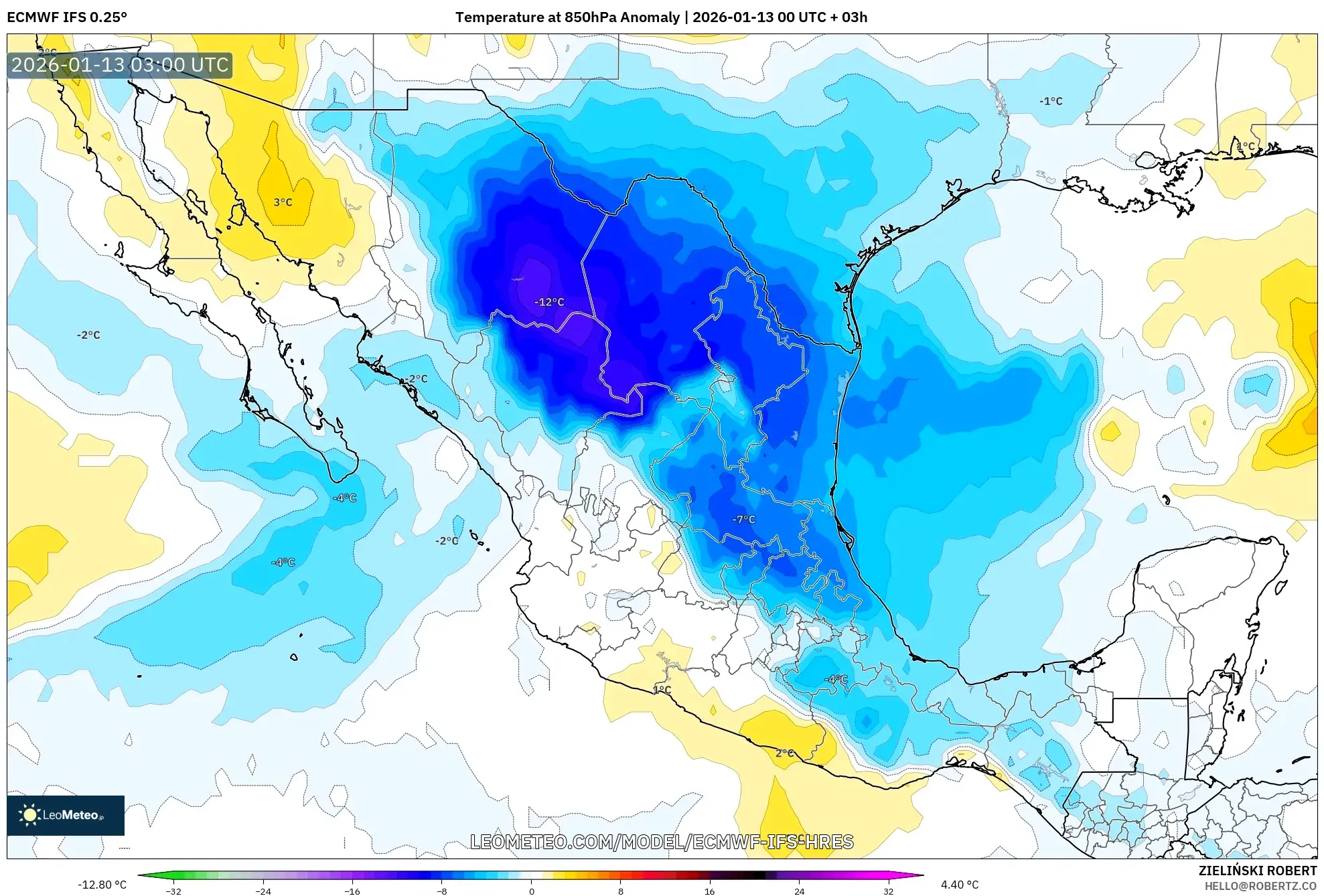 ECMWF IFS 0.25° model - Mexico, Temperature at 850hPa Anomaly
