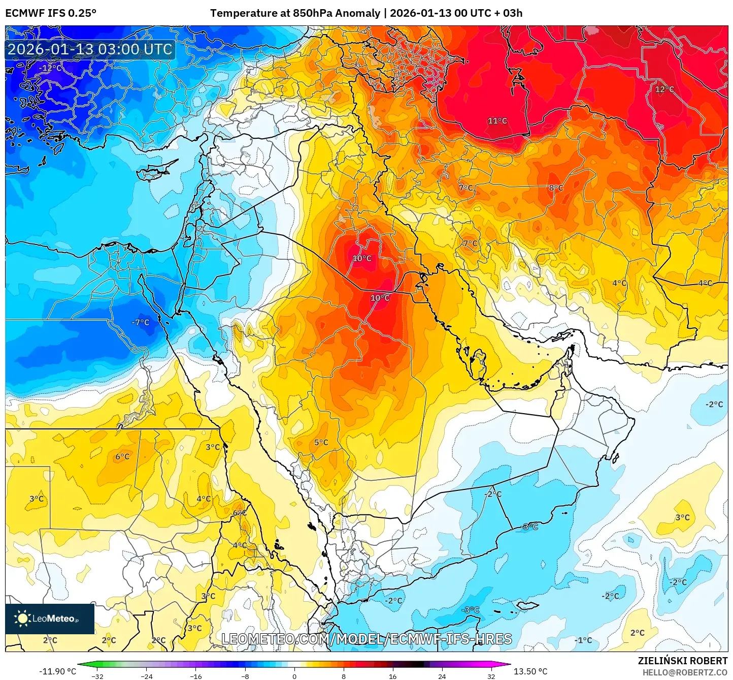 ECMWF IFS 0.25° model - Middle East, Temperature at 850hPa Anomaly