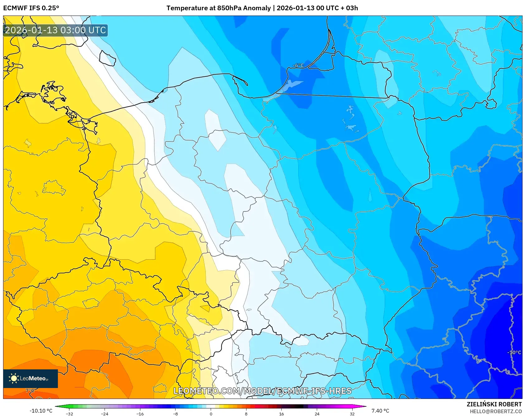 ECMWF IFS 0.25° model - Poland, Temperature at 850hPa Anomaly