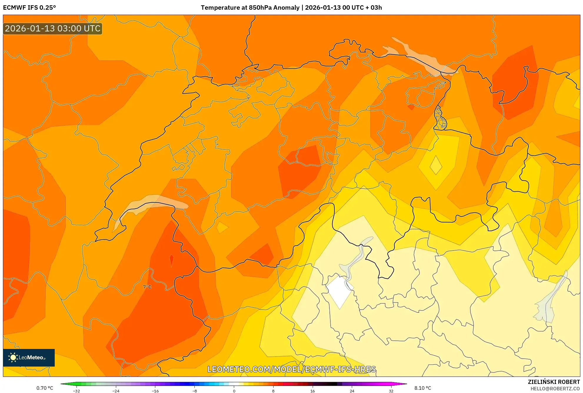 ECMWF IFS 0.25° model - Switzerland, Temperature at 850hPa Anomaly