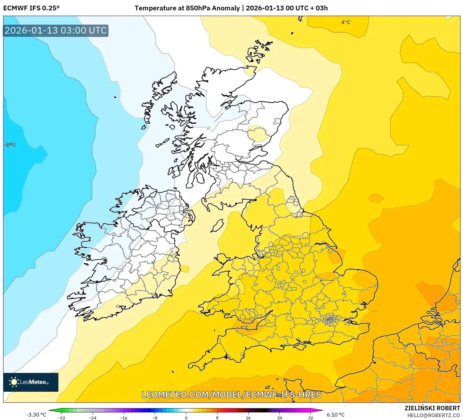 ECMWF IFS 0.25° model - United Kingdom, Temperature at 850hPa Anomaly