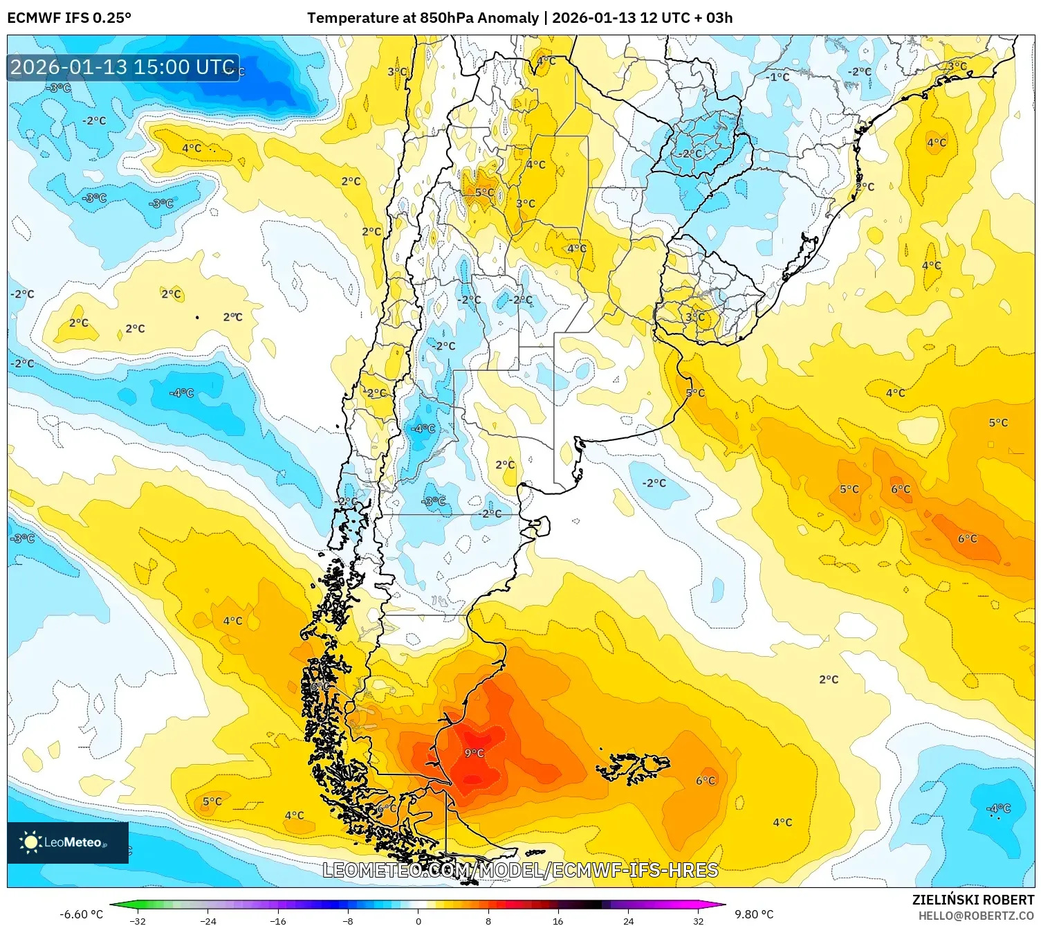 ECMWF IFS 0.25° model - Argentina, Temperature at 850hPa Anomaly