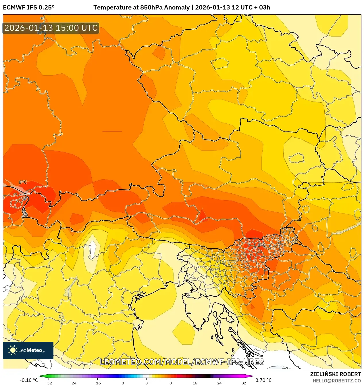 ECMWF IFS 0.25° model - Austria, Temperature at 850hPa Anomaly