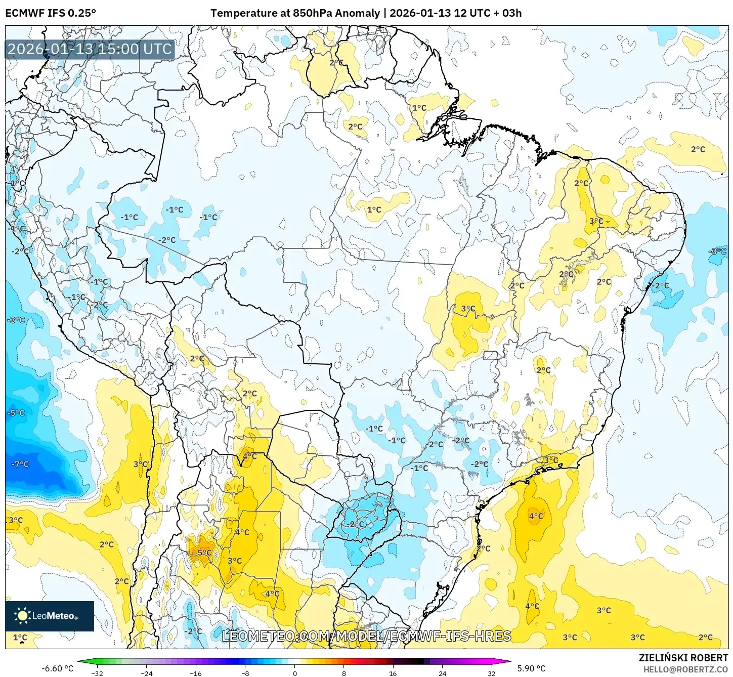 ECMWF IFS 0.25° model - Brazil, Temperature at 850hPa Anomaly