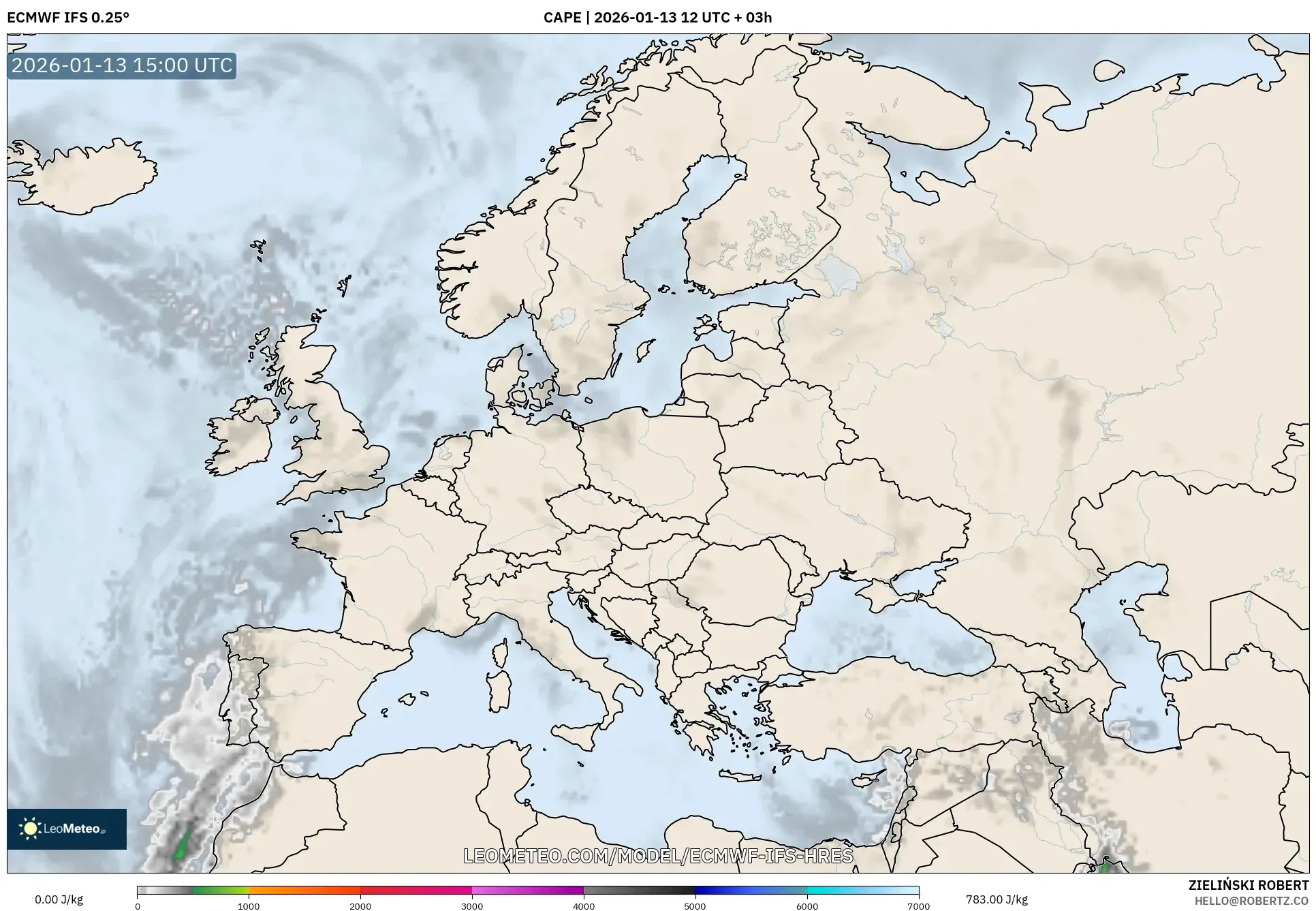 ECMWF IFS 0.25° model - Europe, CAPE