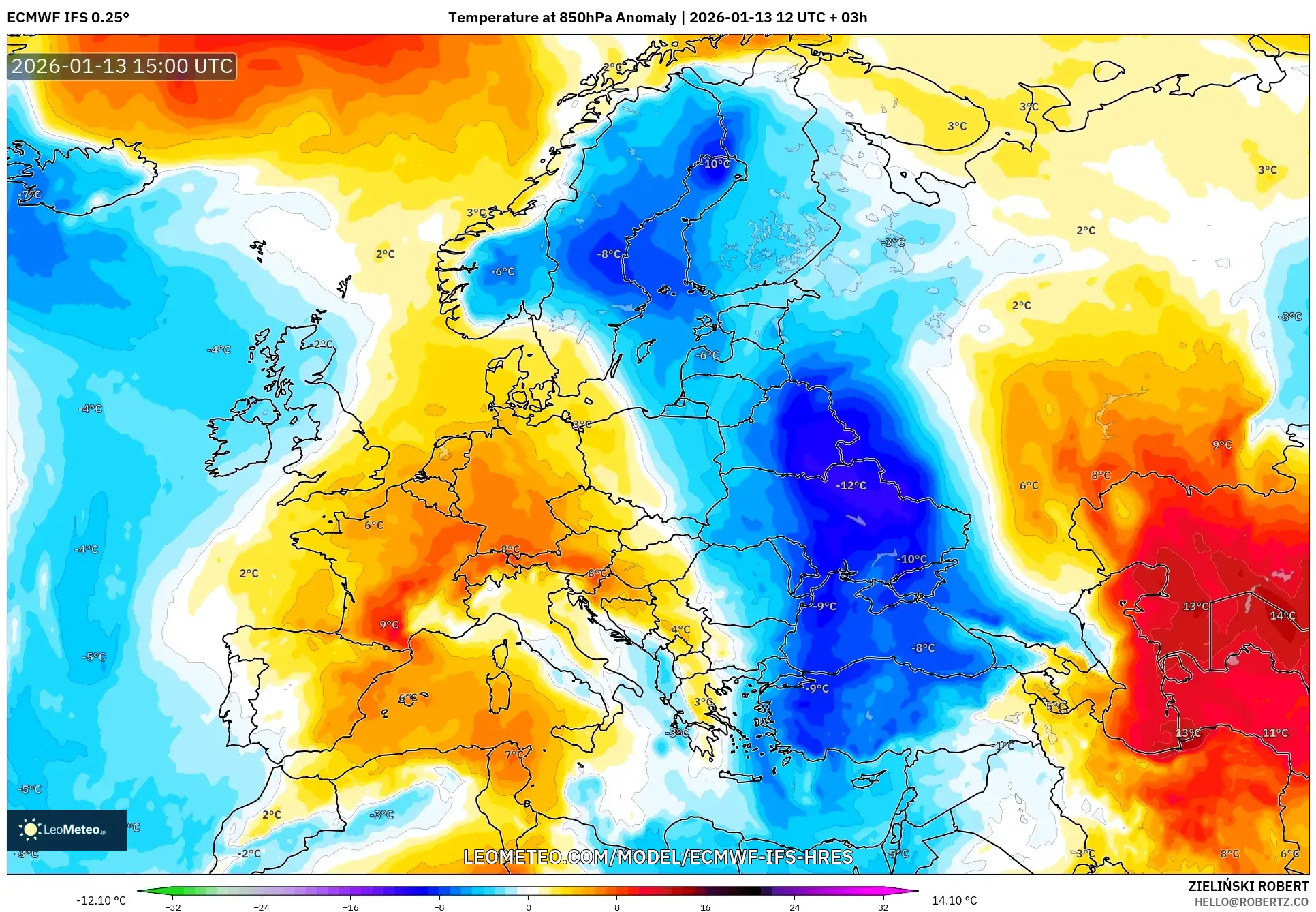 ECMWF IFS 0.25° model - Europe, Temperature at 850hPa Anomaly