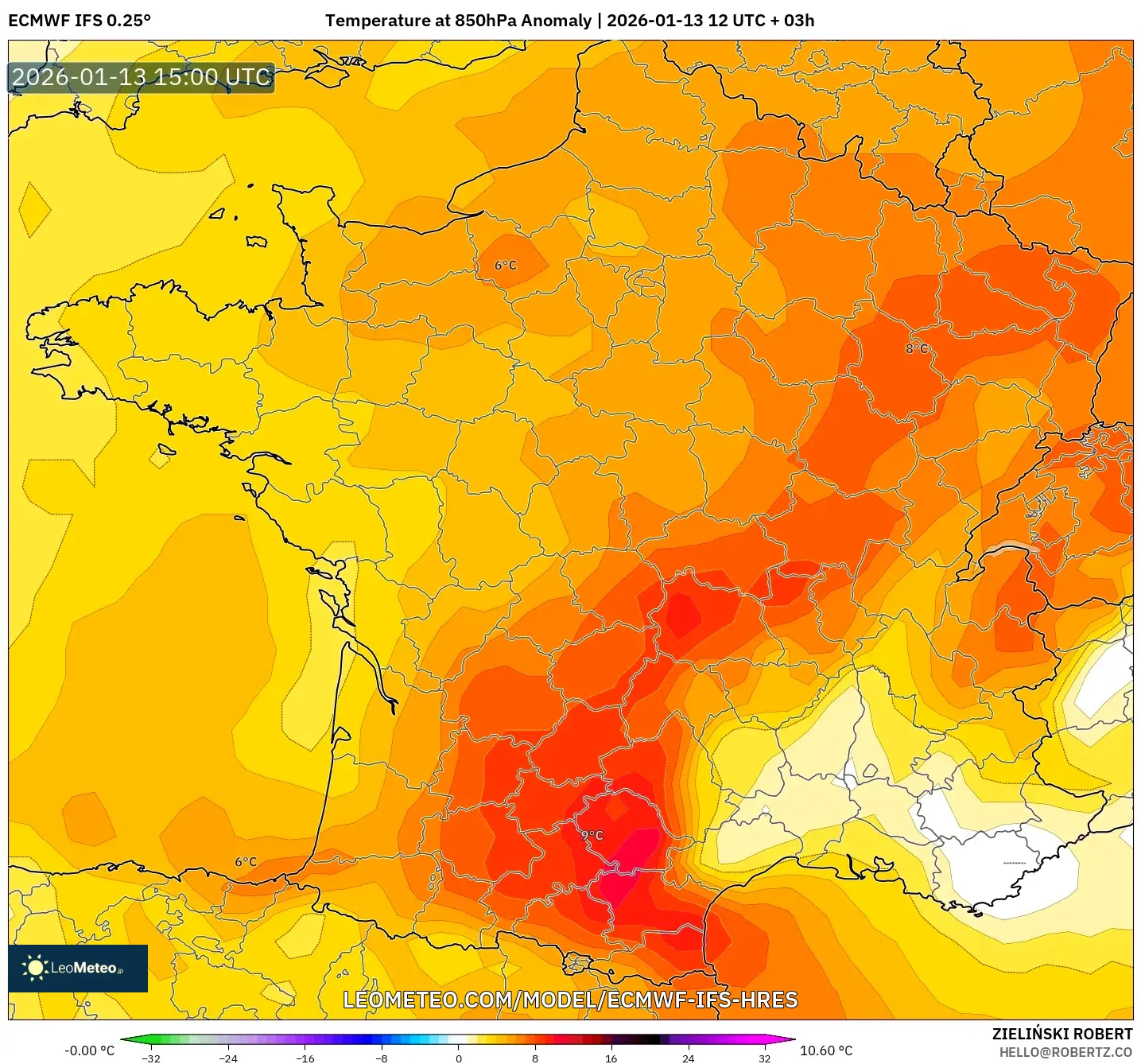 ECMWF IFS 0.25° model - France, Temperature at 850hPa Anomaly