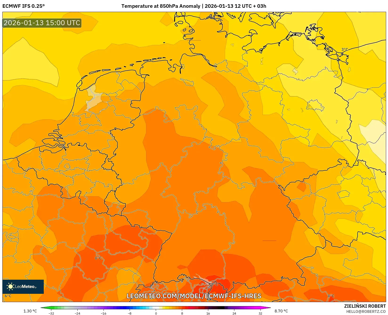 ECMWF IFS 0.25° model - Germany, Temperature at 850hPa Anomaly