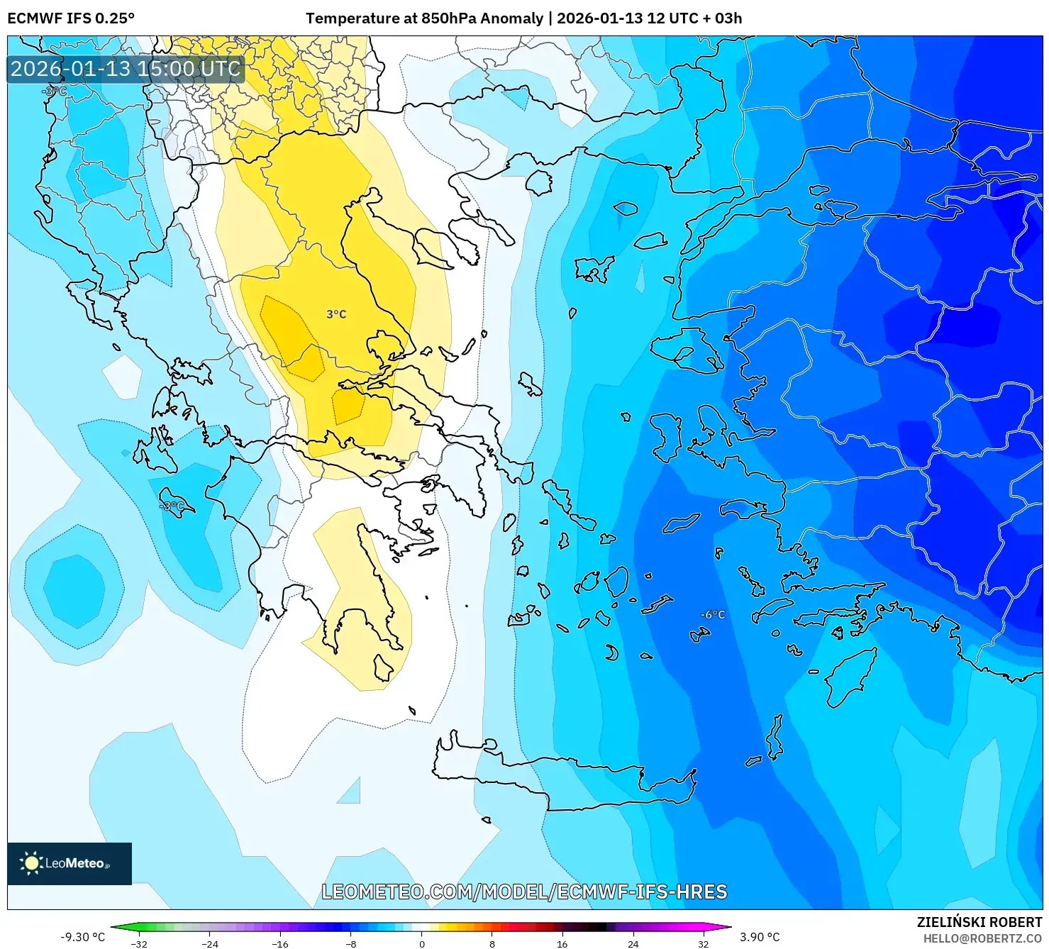 ECMWF IFS 0.25° model - Greece, Temperature at 850hPa Anomaly