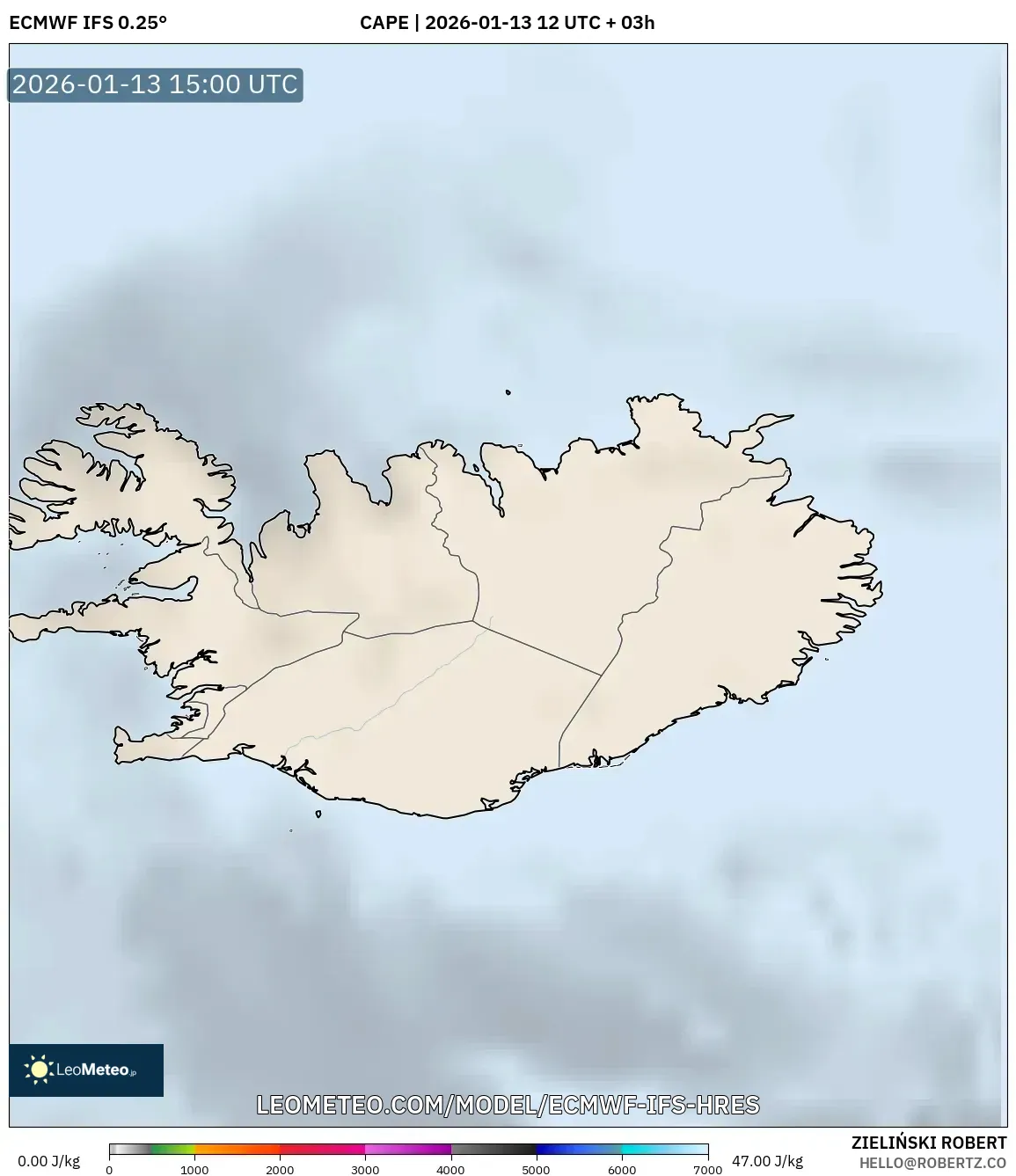ECMWF IFS 0.25° model - Iceland, CAPE