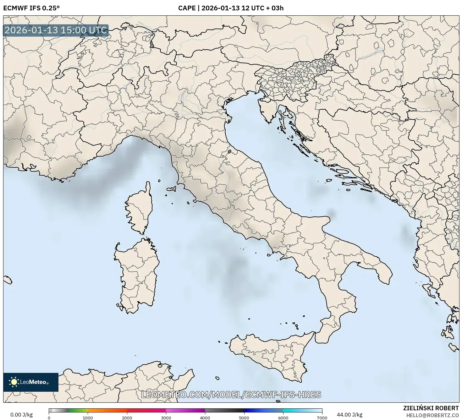 ECMWF IFS 0.25° model - Italy, CAPE