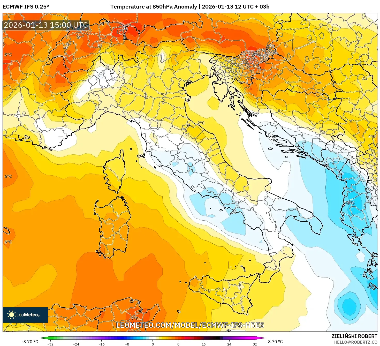 ECMWF IFS 0.25° model - Italy, Temperature at 850hPa Anomaly