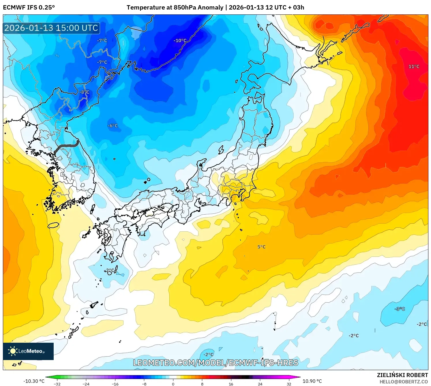 ECMWF IFS 0.25° model - Japan, Temperature at 850hPa Anomaly